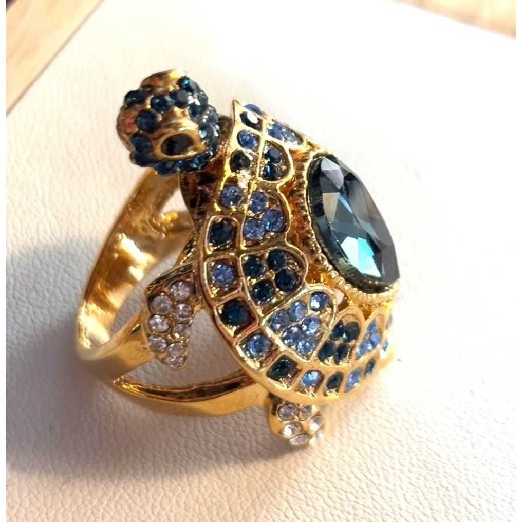 Other Gold Turtle Ring With Blue & Clear Crystals Adjustable Size Size ONE SIZE - 1 Thumbnail