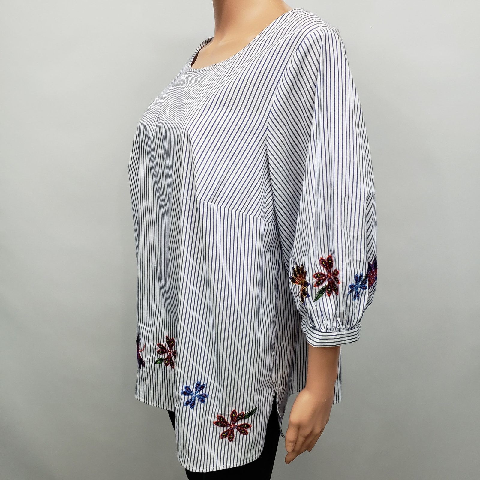 Nordstrom Eloquii Blouse Tunic Top Plus14 Pinstriped Floral Embroidery Size XL / US 12-14 / IT 48-50 - 10 Thumbnail
