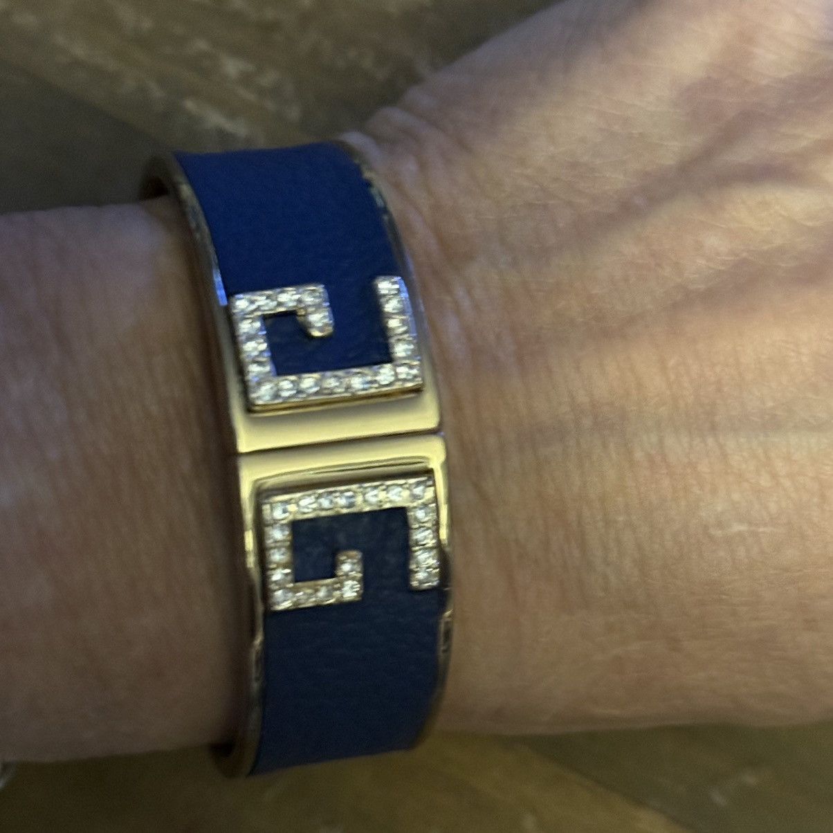 Other Gold navy blue leather rhinestone accent bangle bracelet Size ONE SIZE - 3 Thumbnail