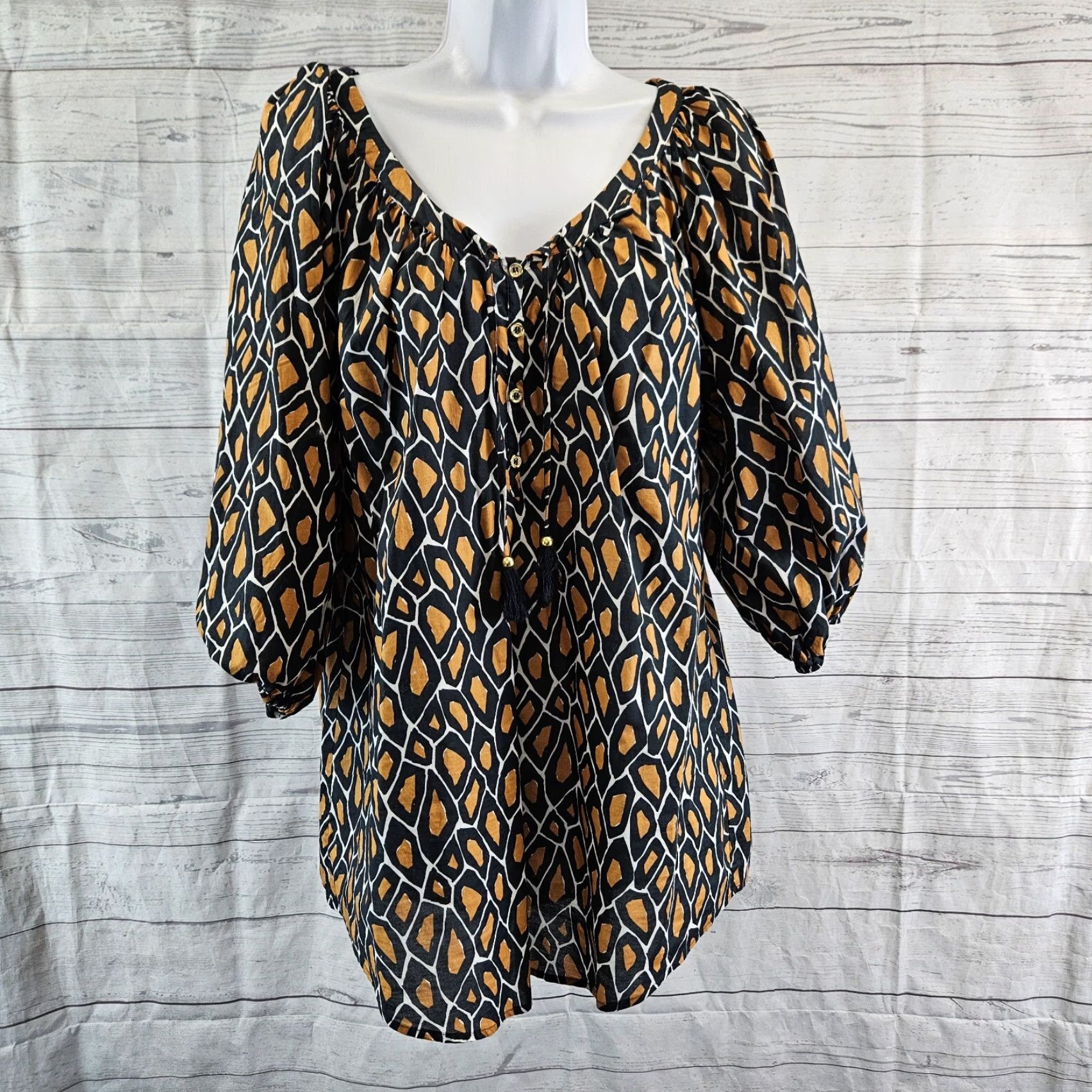 Isaac Mizrahi Isaac Mizrahi Live Womens Blouse Sz Small Black Multicolor Cotton Tassels 3/4 Sleeve V-Neck Pullover Adult Womens Size S / US 4 / IT 40 - 2 Thumbnail