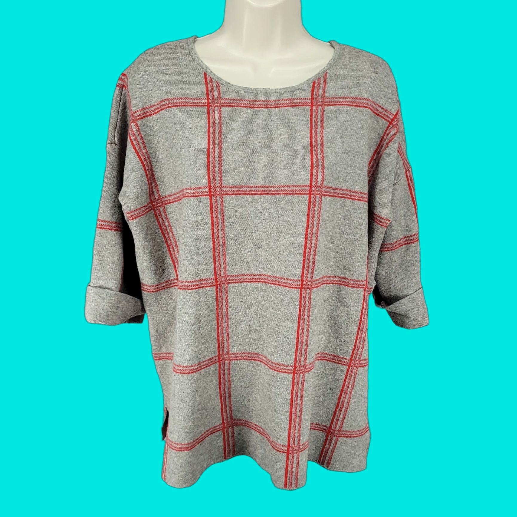 Vintage Tahari Sweater Shirt 1X Womens Casual Classic Check 3/4 Sleeve Pullover Grey Red Size XL / US 12-14 / IT 48-50 - 1 Thumbnail