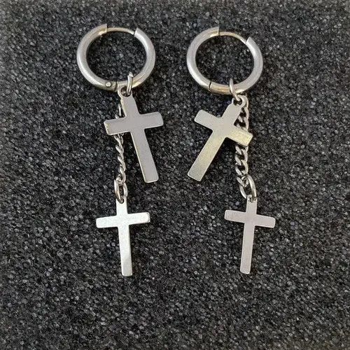 Designer × Jewelry Stainless Steel Cross Dangle Drop Earrings for Men Women Size ONE SIZE - 4 Thumbnail