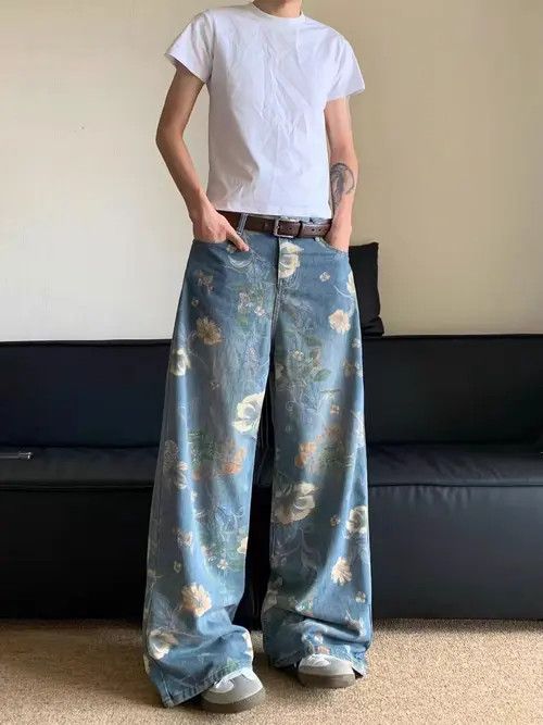 Japanese Brand × Jean Washed floral print design baggy jeans Size US 33 - 1 Thumbnail