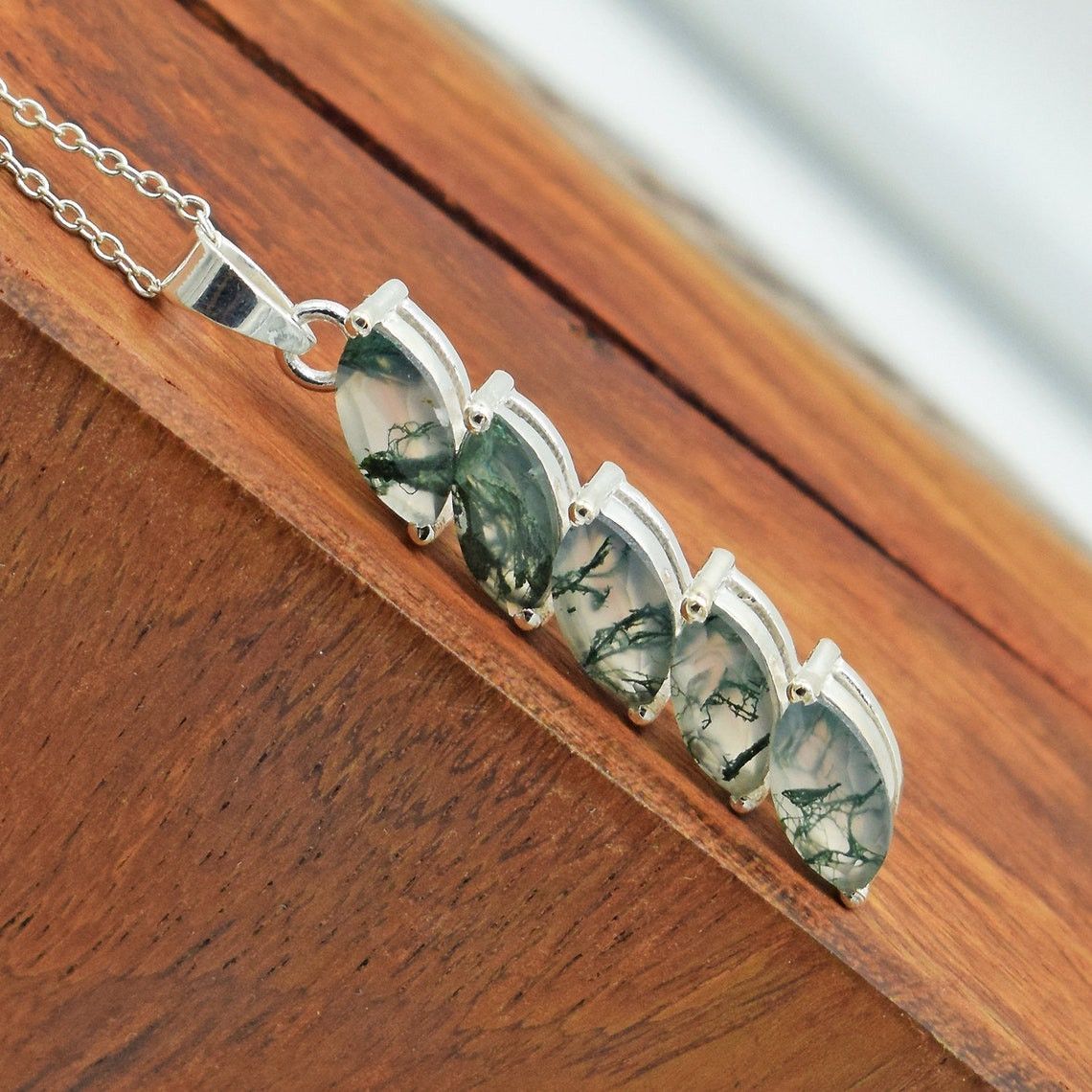 Handmade Moss Agate 925 Sterling Silver Pendant Necklace - 18 Inch Size ONE SIZE - 5 Thumbnail