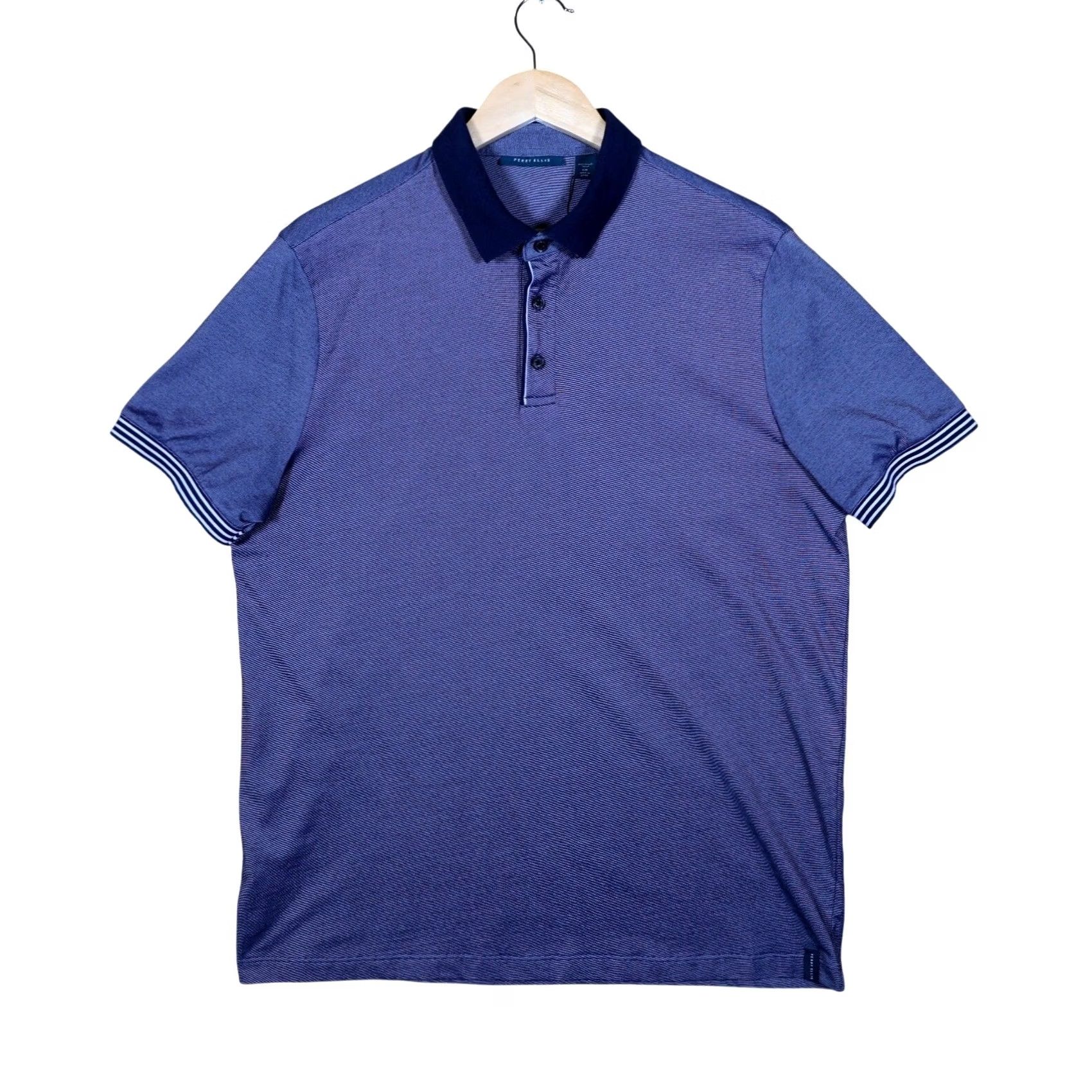 Perry Ellis Perry Ellis Mens Polo Shirt Blue Stripe Short Sleeve Button Up Size L Size US L / EU 52-54 / 3 - 3 Thumbnail