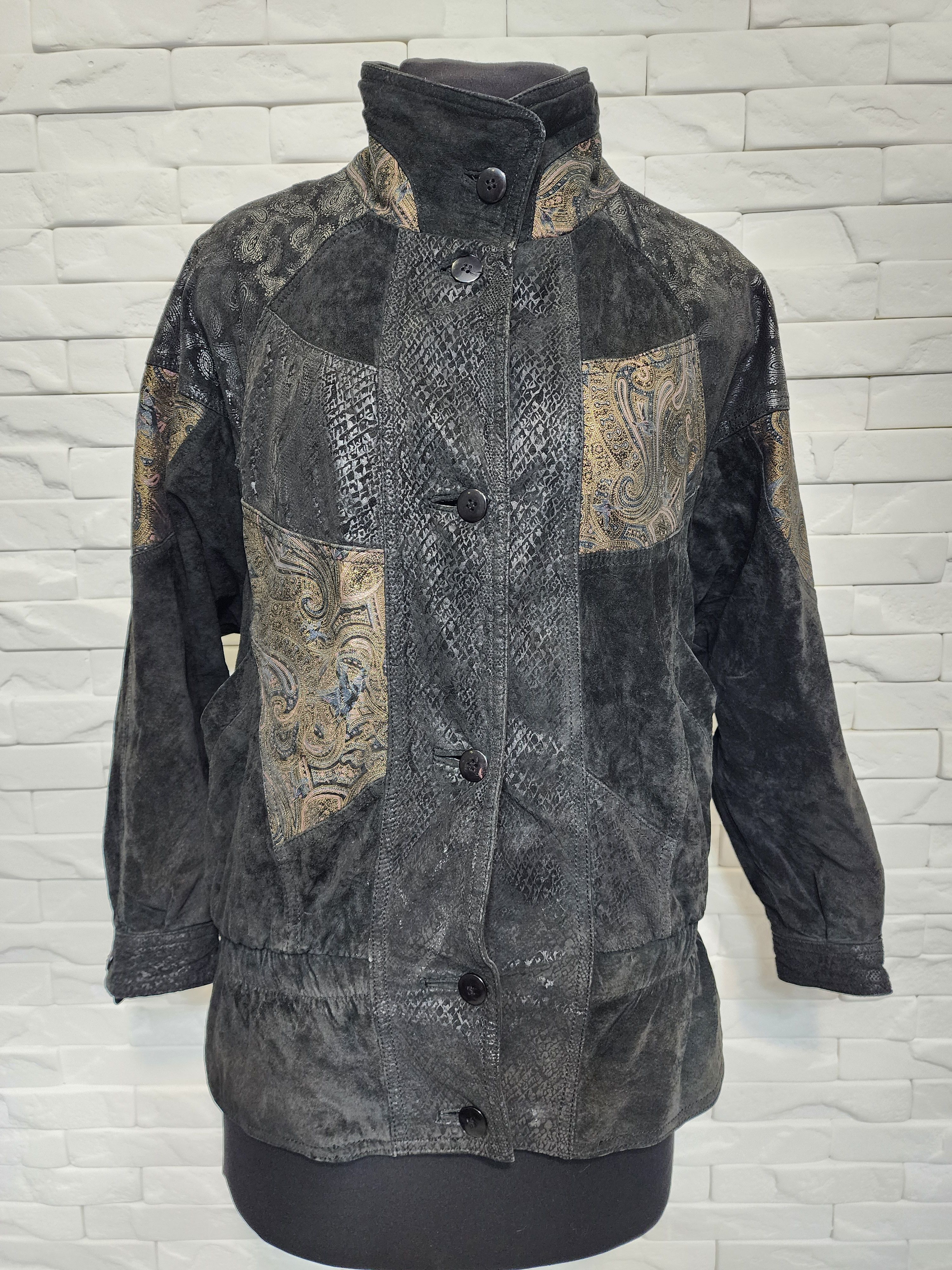 Genuine Leather Women's Leather Jacket: Black Painted Suede, Stand-Up Collar Size L / US 10 / IT 46 - 1 Thumbnail