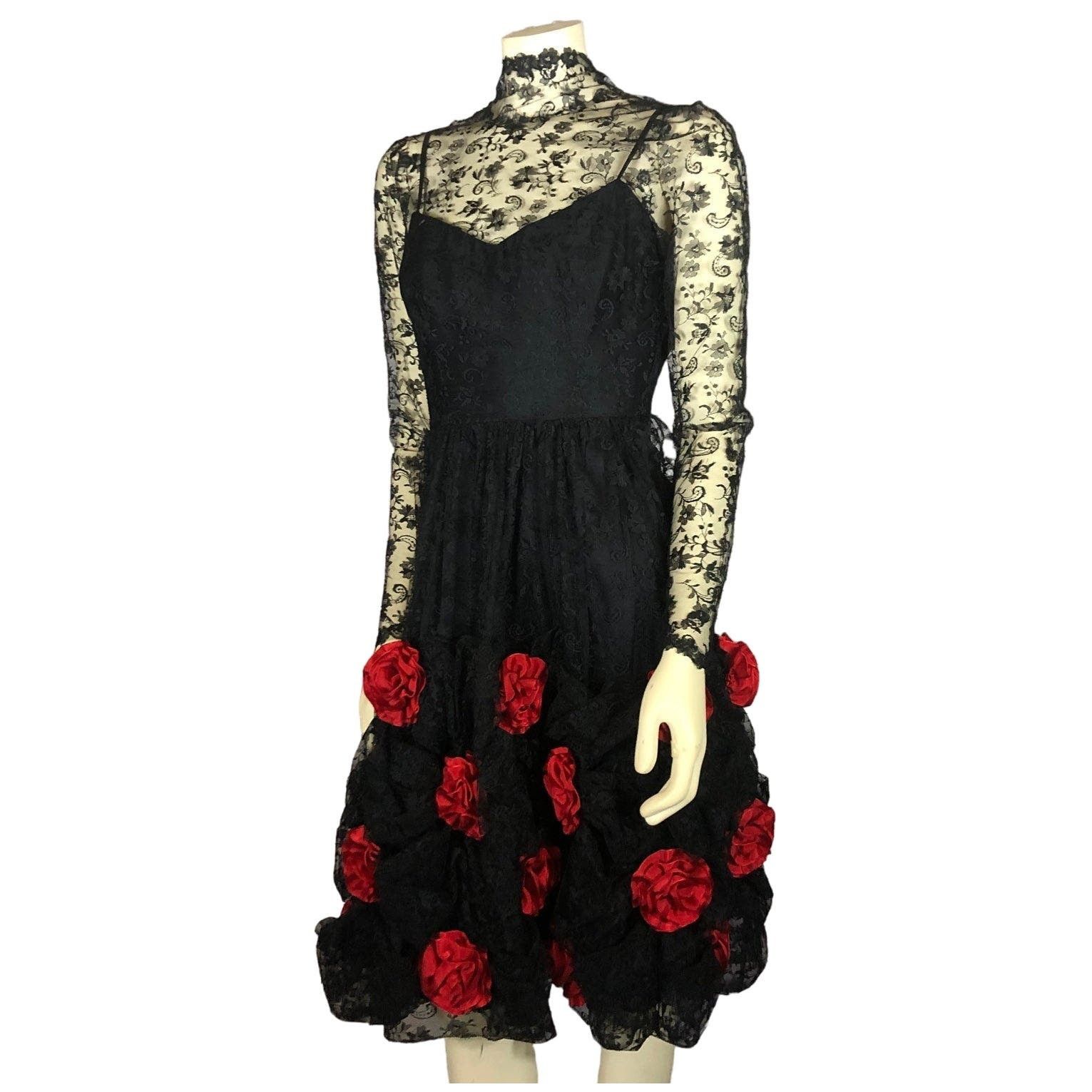 Vintage Vtg An original by DUSAUZAY black Lace Red Roses dress Size XS / US 0-2 / IT 36-38 - 16 Thumbnail