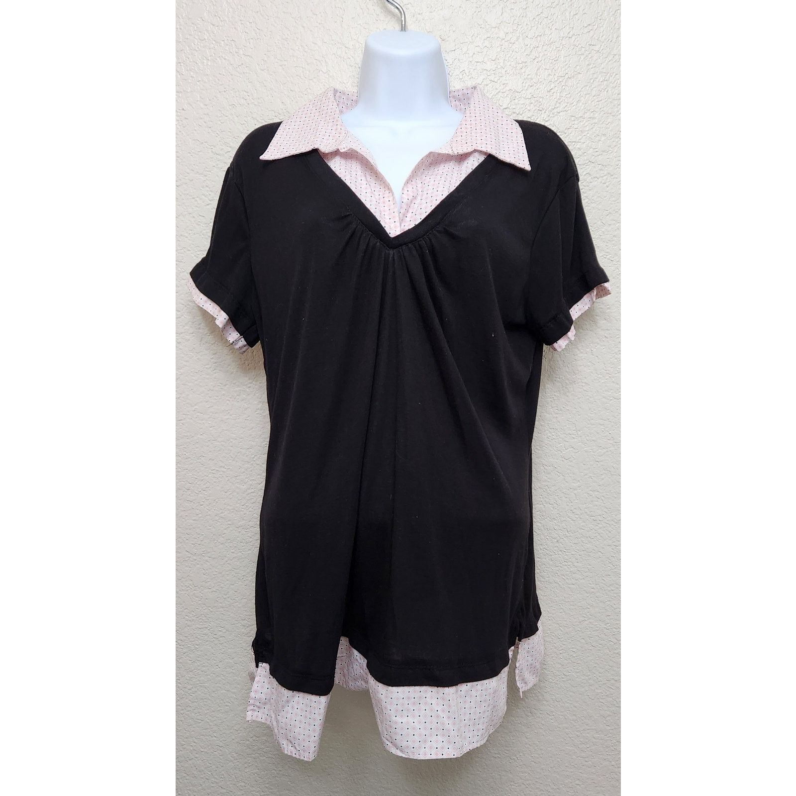 Other Paris Blues Black Pink Polka Dot Layered Collard Top 1X Plus Size XXL / US 16-18 / IT 52-54 - 1 Thumbnail