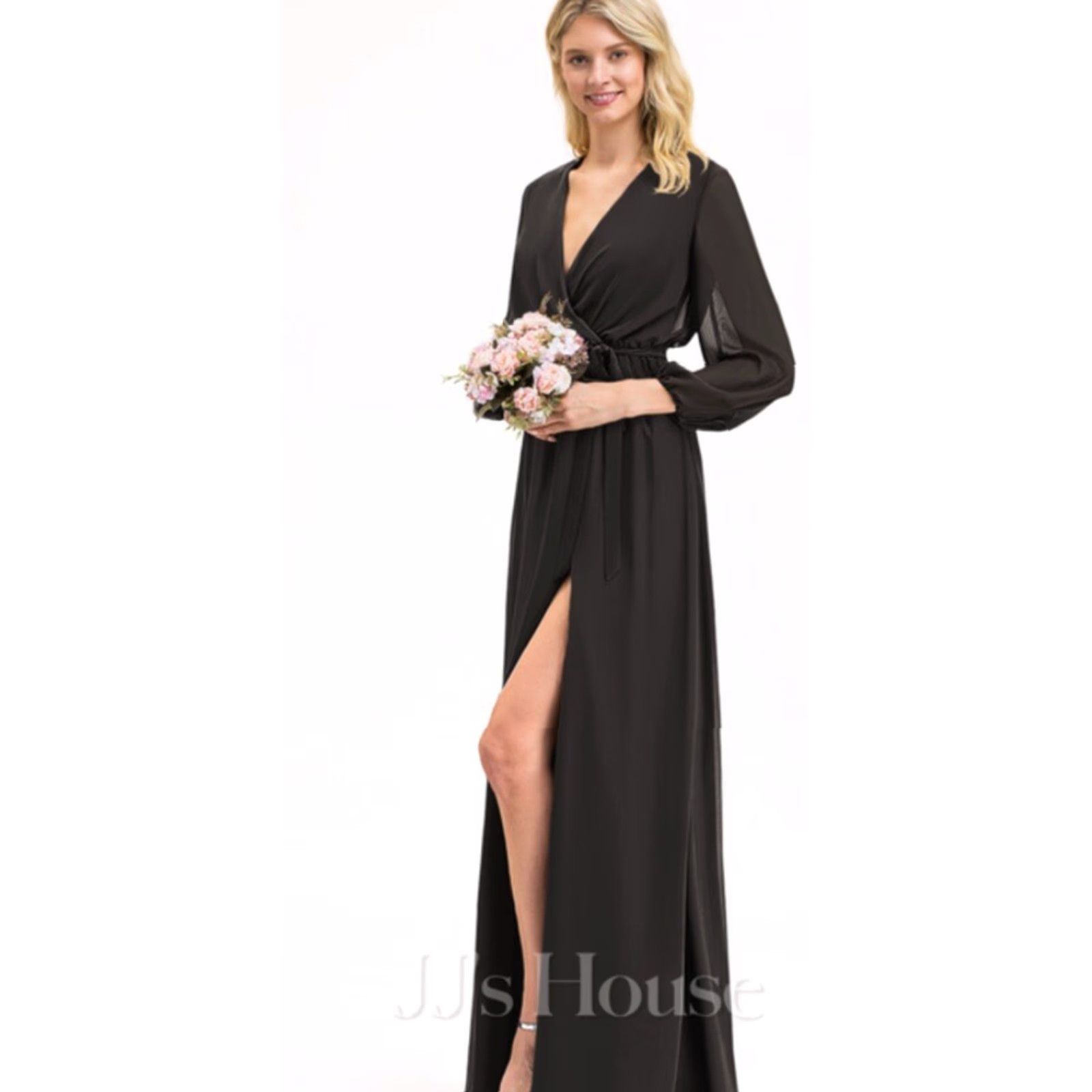 Vintage JJ’s House A-Line V-Neck Maxi Chiffon Bridesmaid Dress Black Bow Pleated Sz 4 Womens Size ONE SIZE - 3 Thumbnail