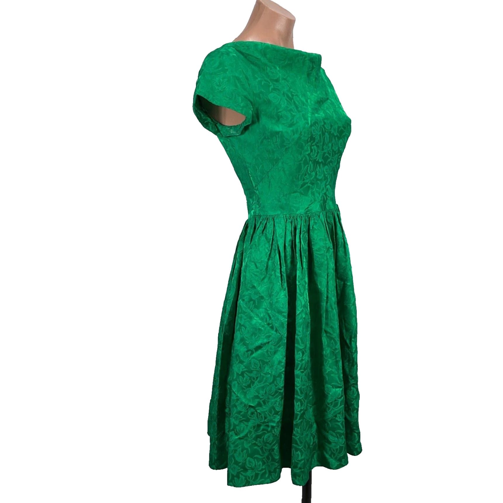 VINTAGE Emerald Green Floral Full Skirt Mod GoGo Sheath Evening dress S/M  Dress