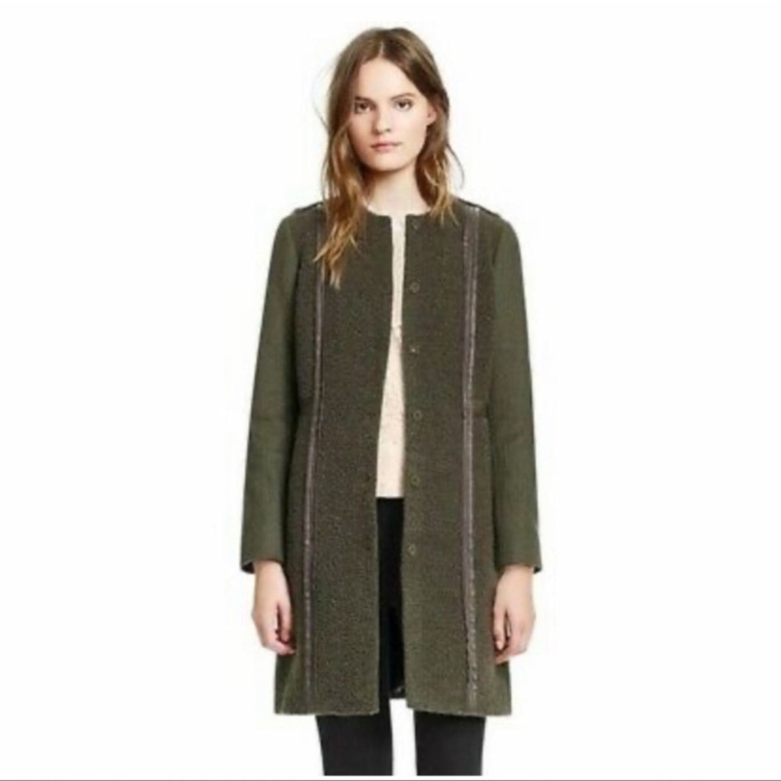 Tory Burch Heather Artichoke Melange Coat Leather Trim Wool