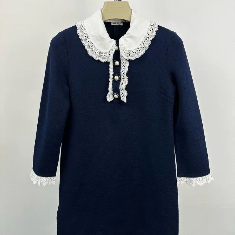 Miu Miu Dark Blue Cotton Dress with Lace Collar 0089