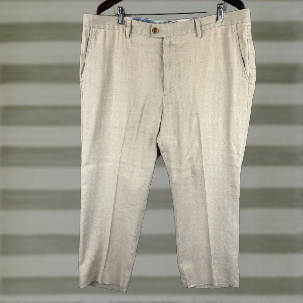Tommy Bahama Tommy Bahama Pants Mens 38x27 Beige Latigo Beach Linen Blend Flat Front Hemmed Chino Relaxed Style Size US 38 / EU 54 - 1 Thumbnail