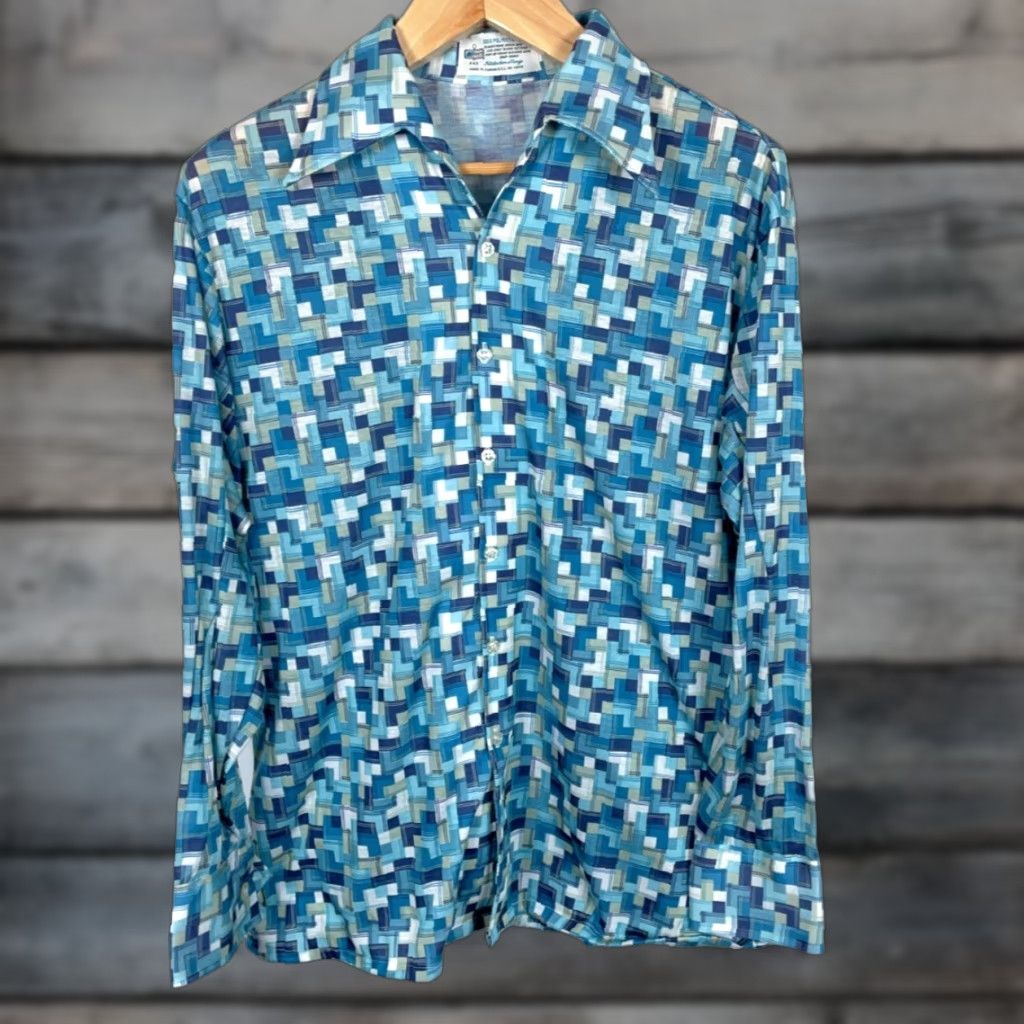 Vintage VINTAGE K-mart 70s Geometric Shirt Large Blue Button-Up Long Sleeve Collar Shirt Mens L Vintage Bohemian Hipster Retro Size US L / EU 52-54 / 3 - 1 Thumbnail