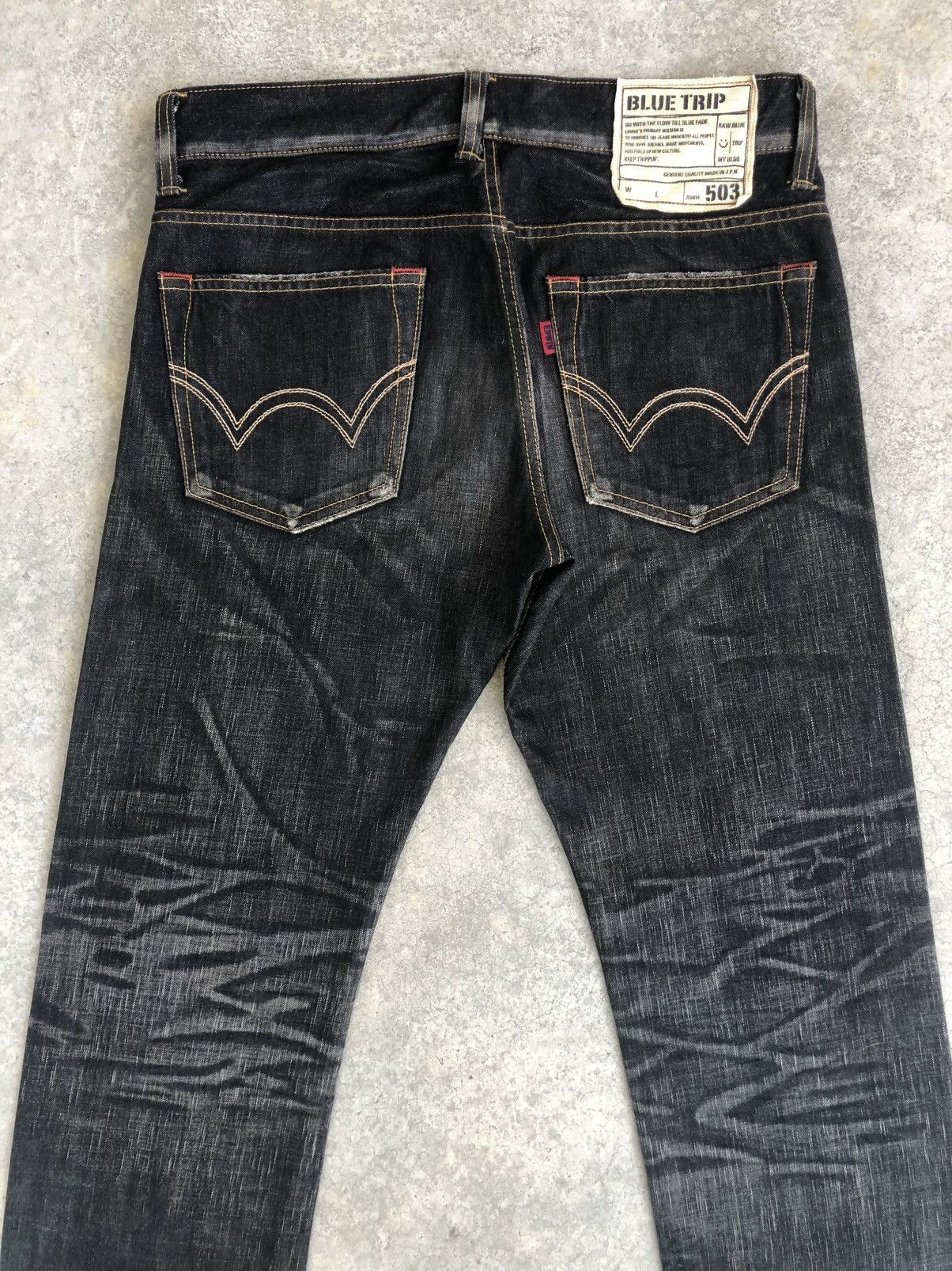 Le Grande Bleu (L.G.B.) Japanese Edwin 503 Blue Trip Distressed Jeans Size US 33 - 8 Thumbnail