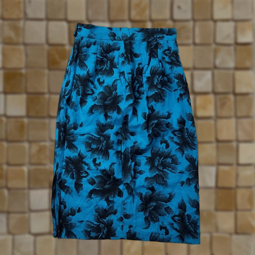 Vintage VINTAGE 80s Wool Blend Floral Blue Midi Skirt Women Size 11 Straight Pleated Size 32" / US 10 / IT 46 - 1 Thumbnail