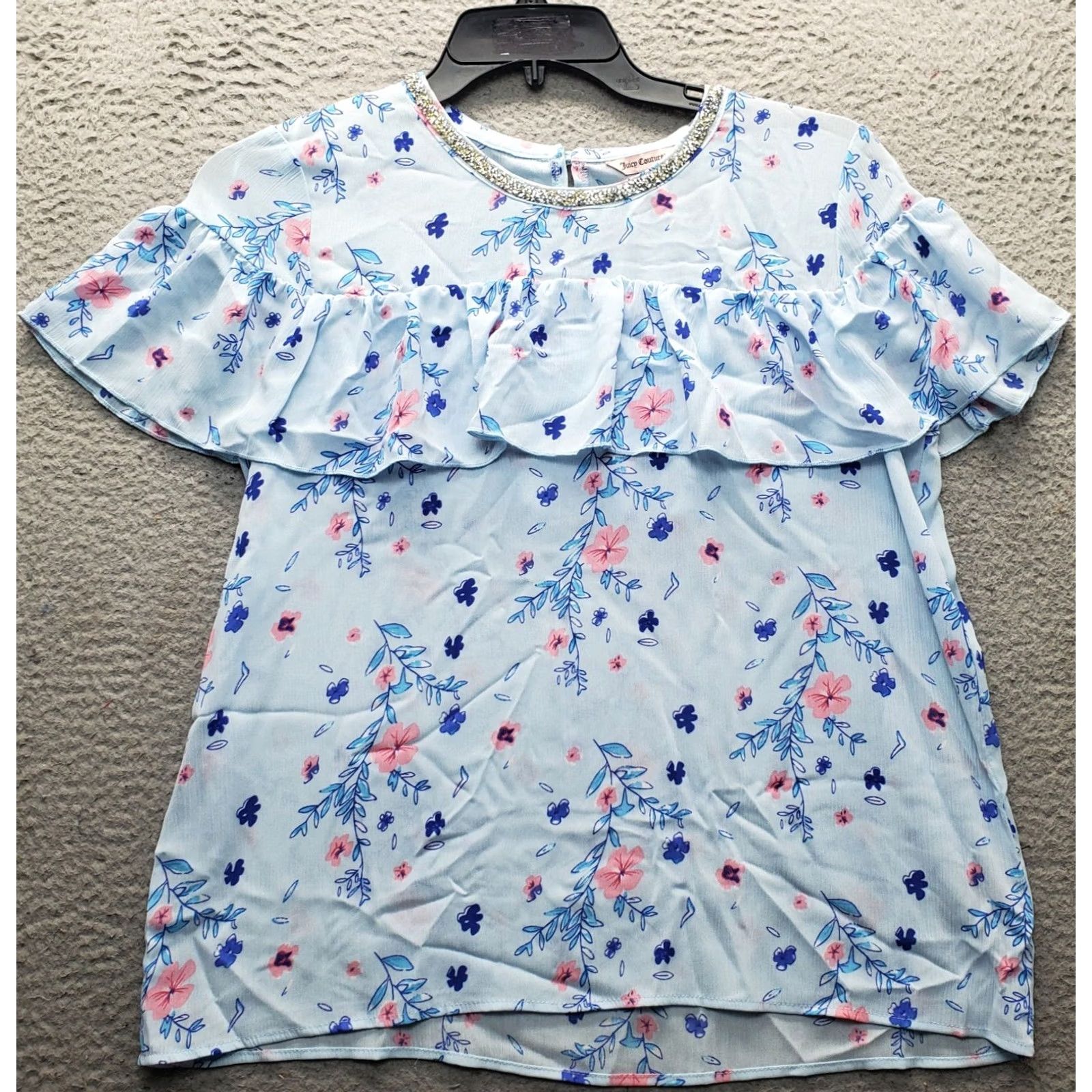 Juicy Couture Juicy Couture Blouse Womens L Multicolor Floral Ruffle Rhinestone Crew Neck Sleeveless Top Size L / US 10 / IT 46 - 2 Thumbnail