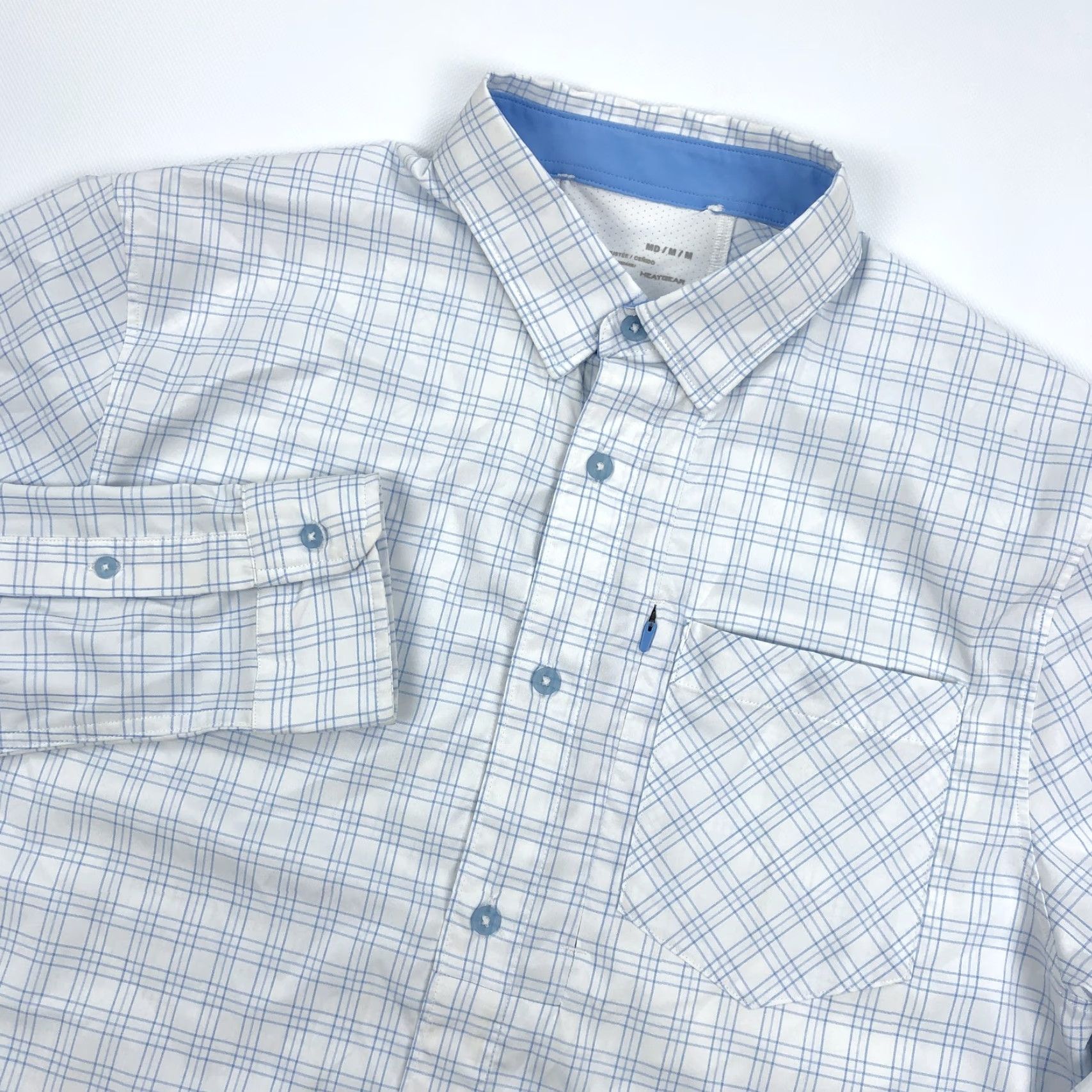 Under Armour Under Armour Men's M Fitted HeatGear Plaid Button Down Long Sleeve Shirt White Blue Plaid Size US M / EU 48-50 / 2 - 2 Thumbnail