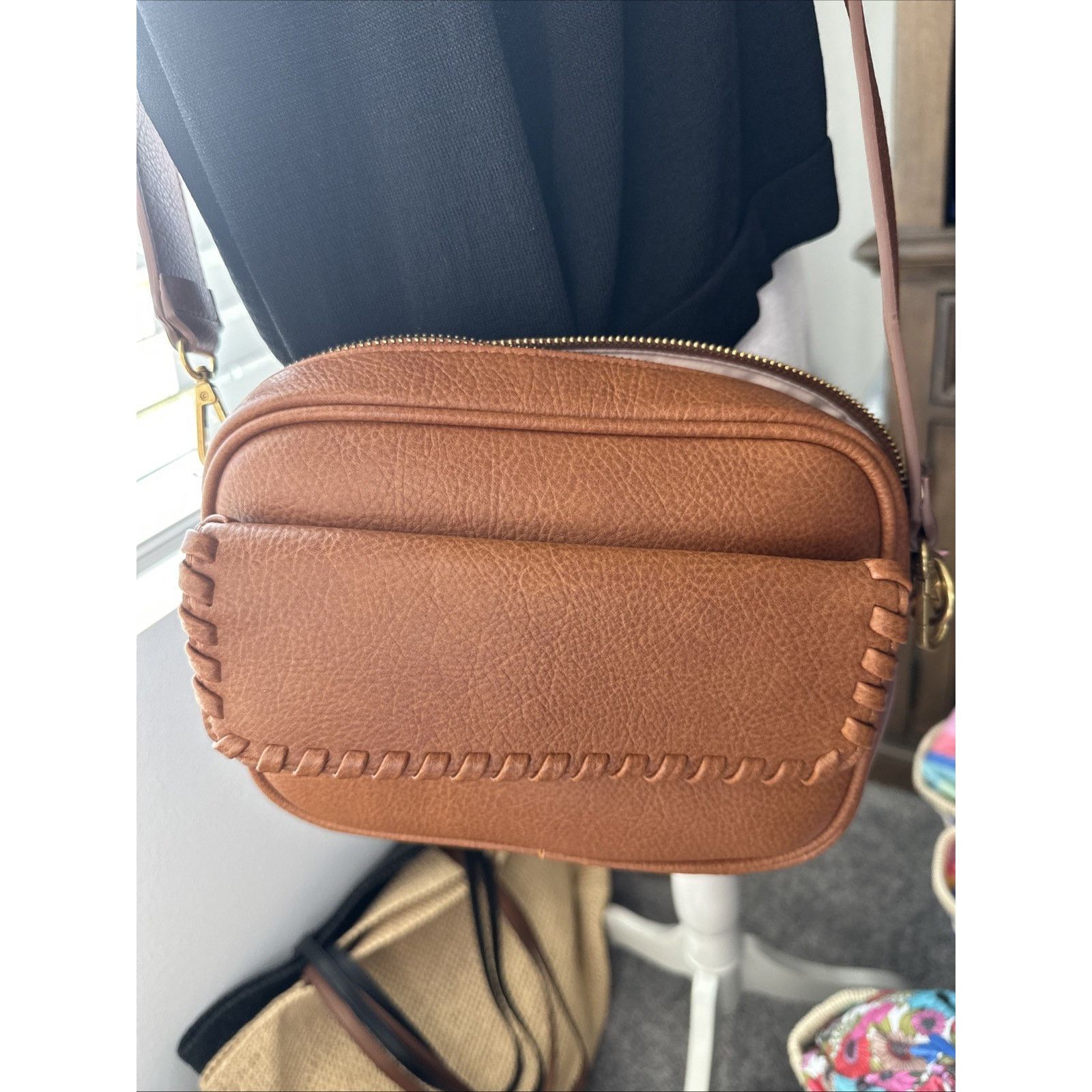 Style & Co Whip-Stitch Crossbody Bag Brown Faux Leather $69, Women's
