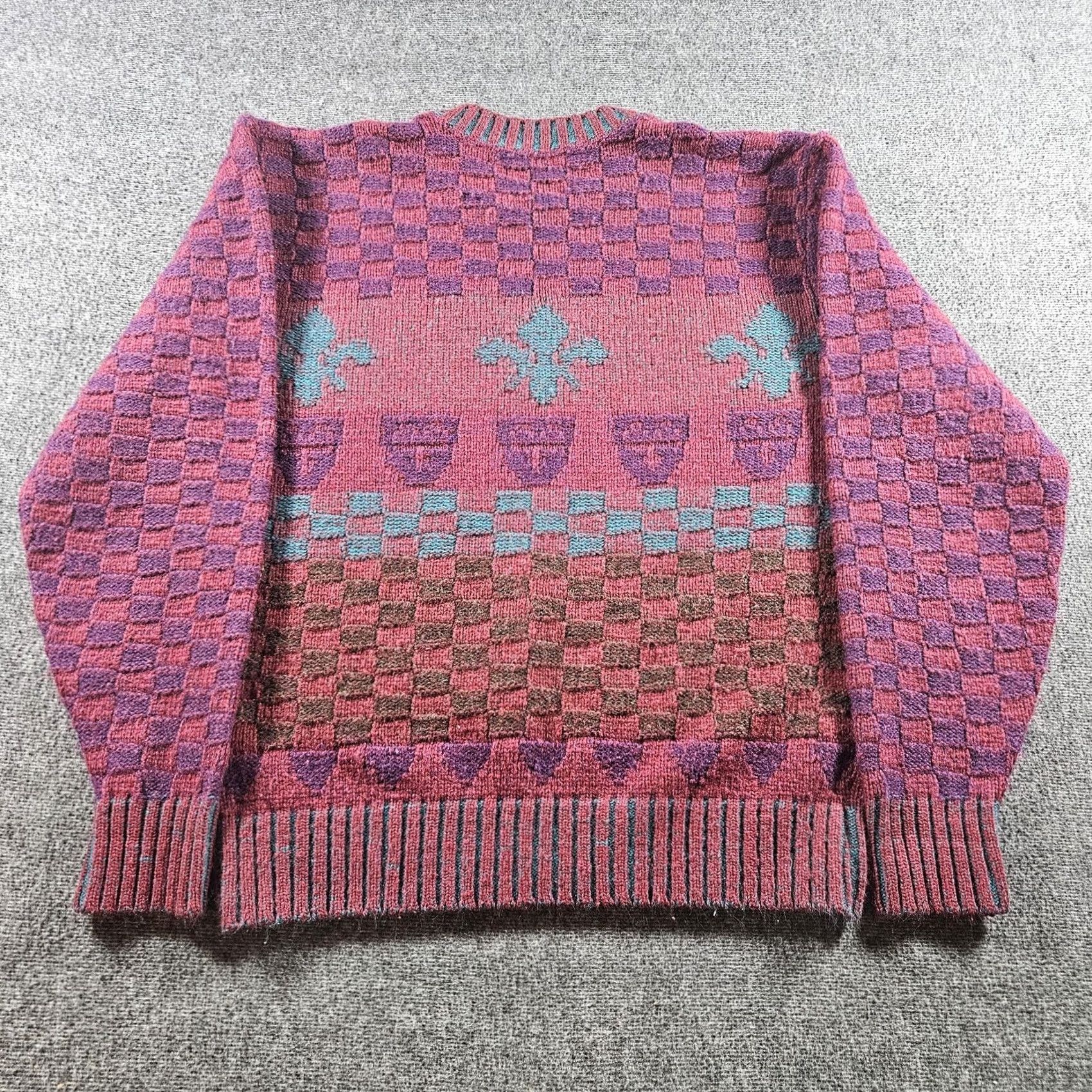 Vintage VINTAGE Geometric Sweater Mens XL Purple Teal Wool Blend Fleur De Lis 80s Sweater Crew Neck Knit Check Pullover Mens Pand Size US XL / EU 56 / 4 - 8 Thumbnail