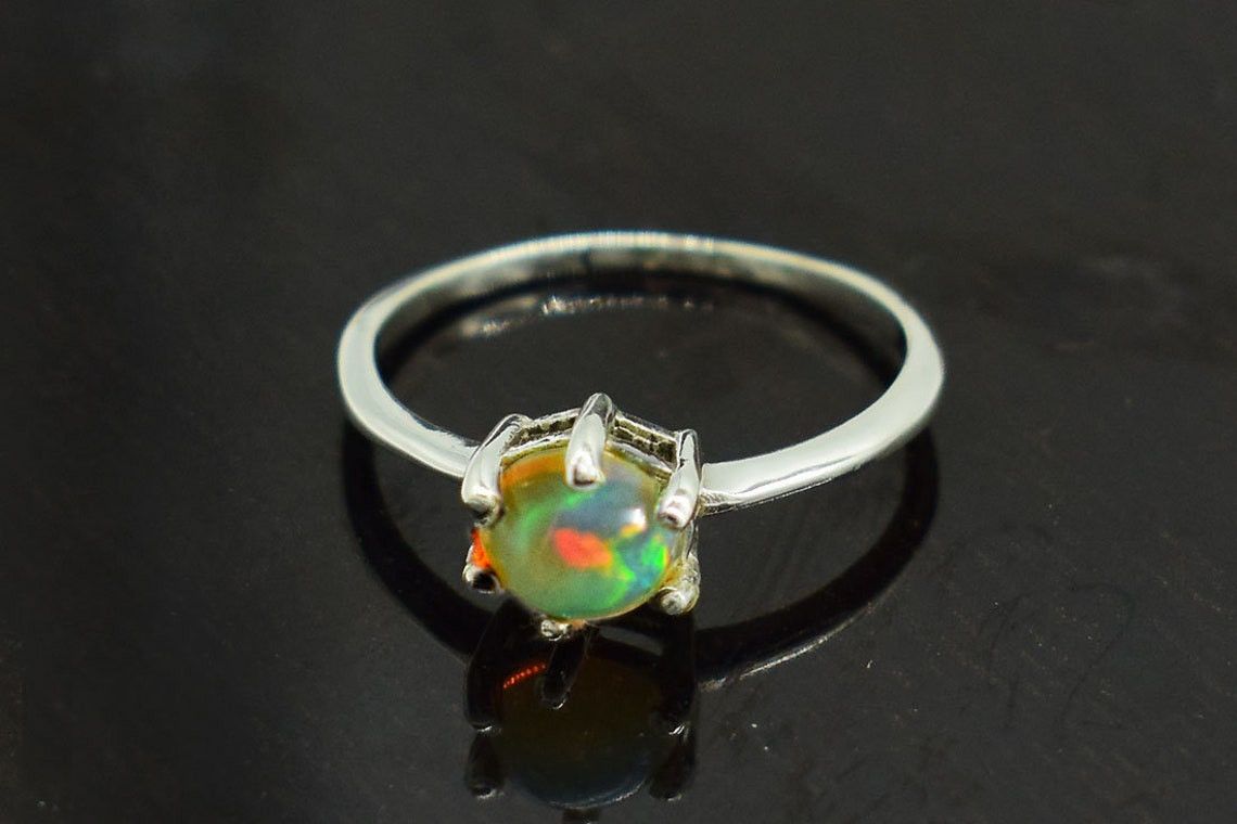 Handmade Ethiopian Opal Ring: Round Gemstone, 925 Sterling Silver Size ONE SIZE - 1 Thumbnail