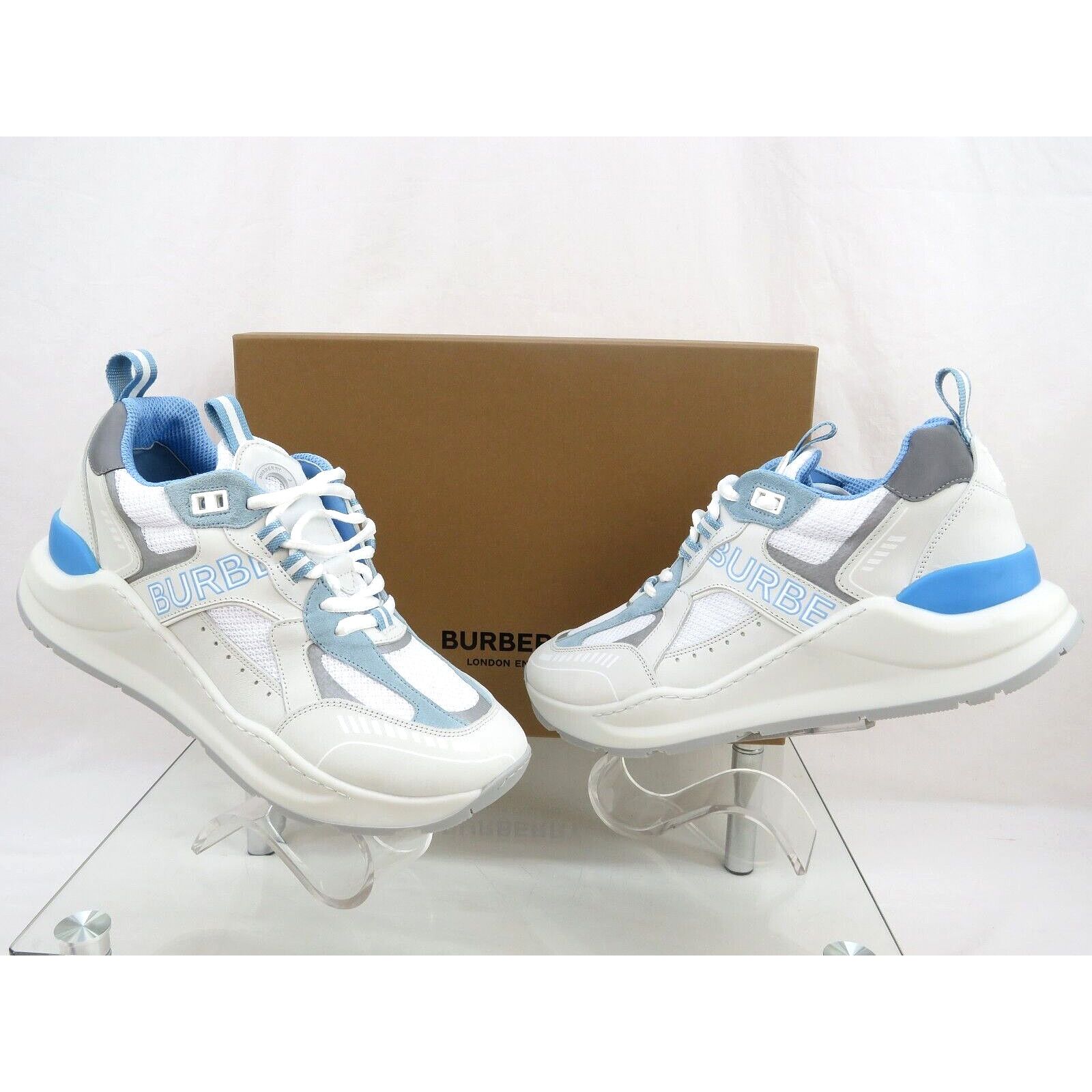Burberry SEAN WHITE SUEDE MESH PALE BLUE LOGO LOW SNEAKERS 41 US 8 Size US 8 / EU 41 - 4 Thumbnail