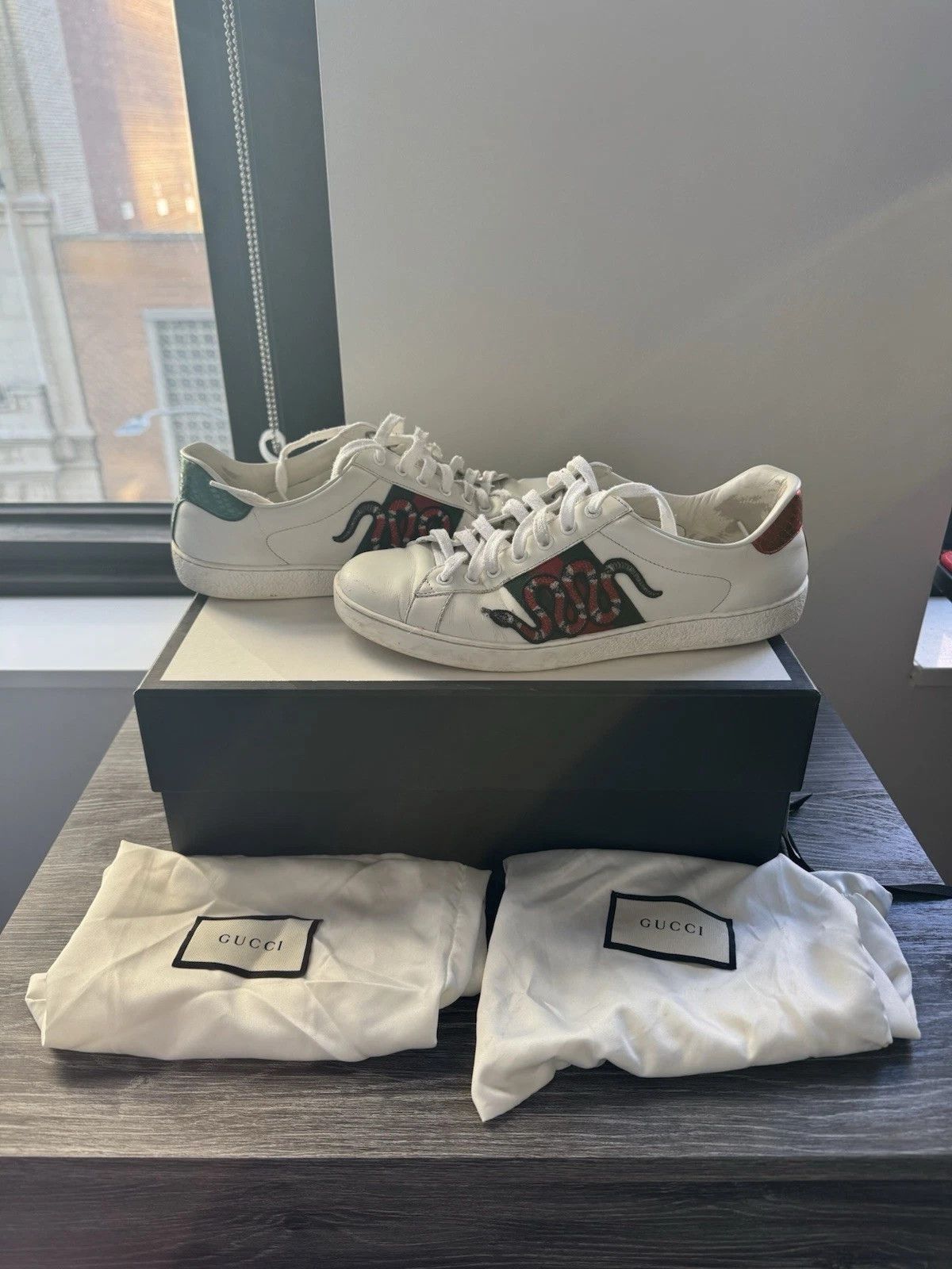 Gucci Ace White Snake Leather 8 Low Tops Web Elastic