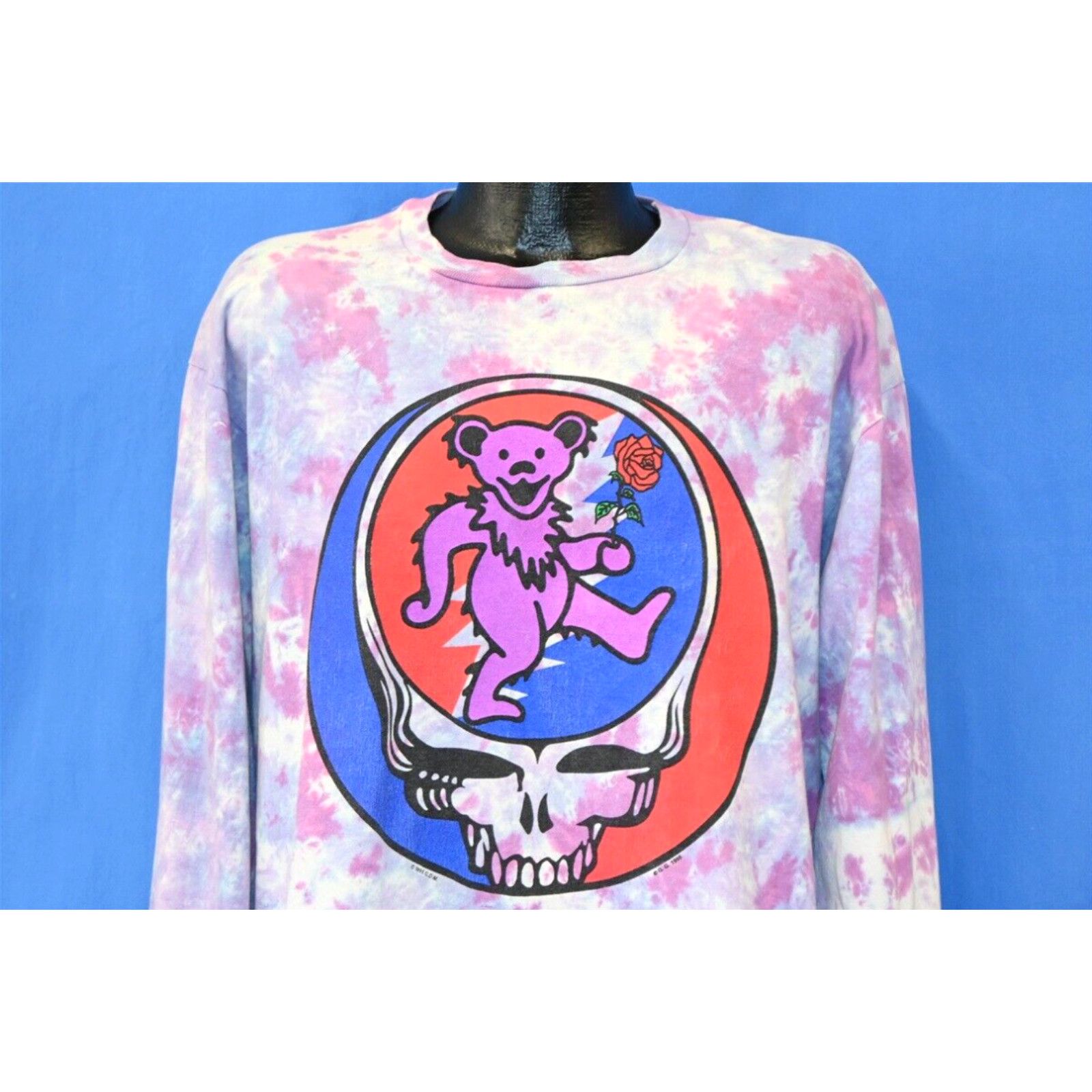 image of Vintage 90's Grateful Dead Bear Rose Purple Tie Dye Long Sleeve T-Shirt XL in White, Men's