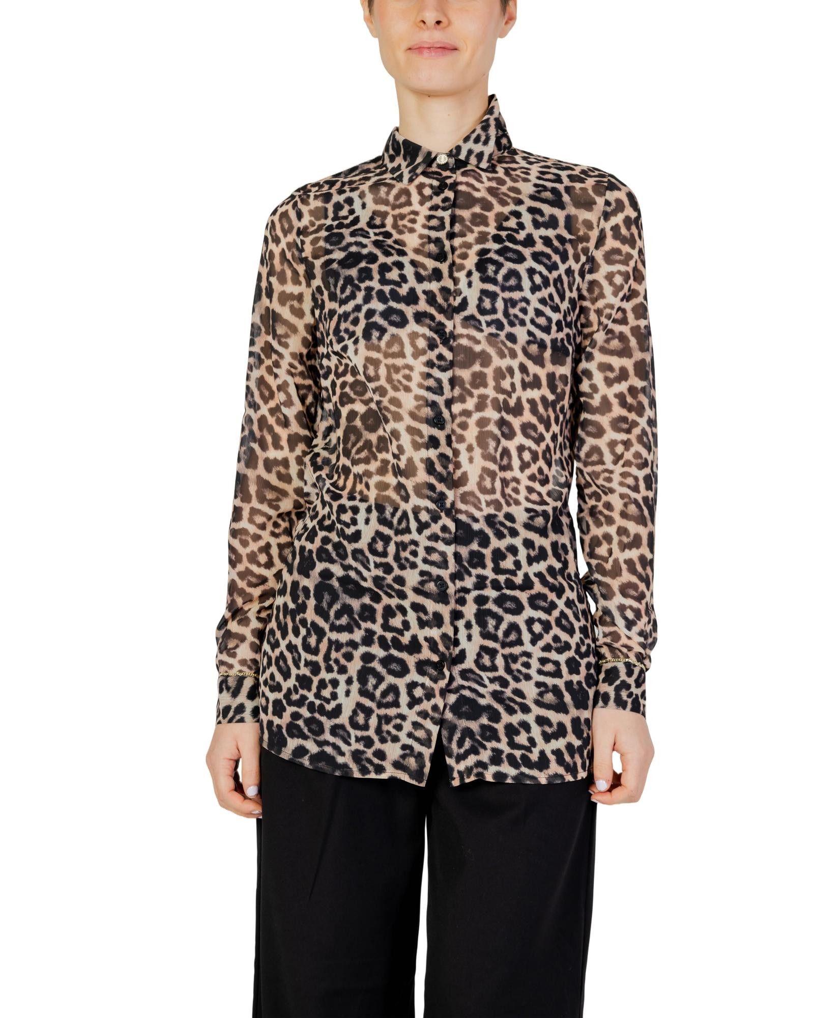 image of Guess Leopard Print Long Sleeve Button-Up Shirt in Brown, Women's (Size XS)