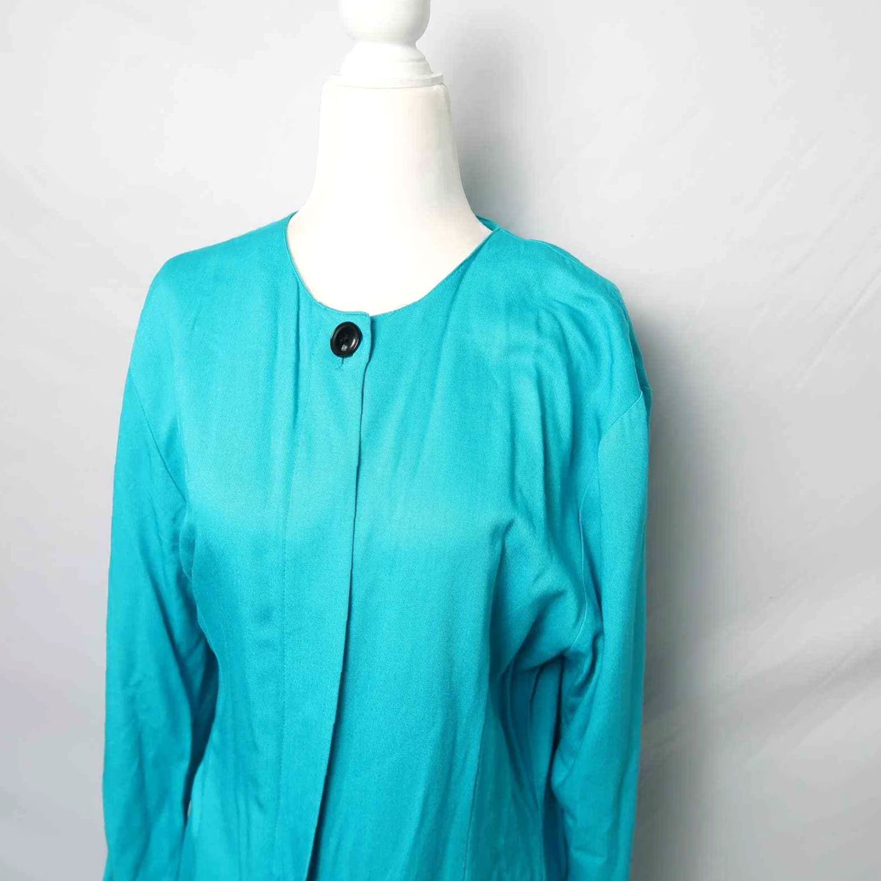 Vintage VINTAGE Carol Anderson Turquoise Blue Sheath Dress 10 Womens 1980s Knee Length Long Sleeves Button Front Rayon Size L / US 10 / IT 46 - 2 Thumbnail