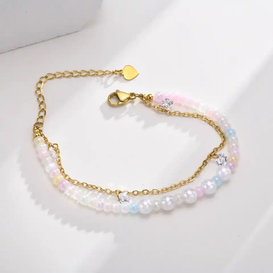 Other Pink Beads Gold Plated Metal Chain Layered Bracelet Size ONE SIZE - 1 Thumbnail