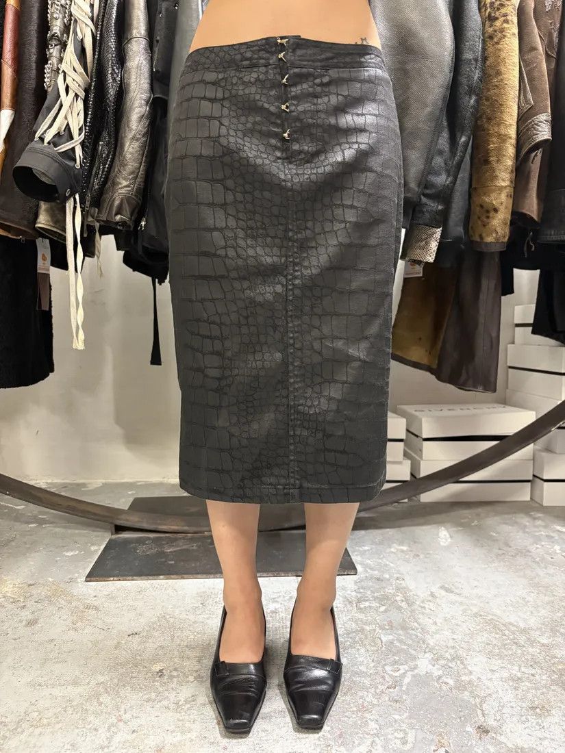 2000s Roberto Cavalli Crocodile Print Black Long Skirt