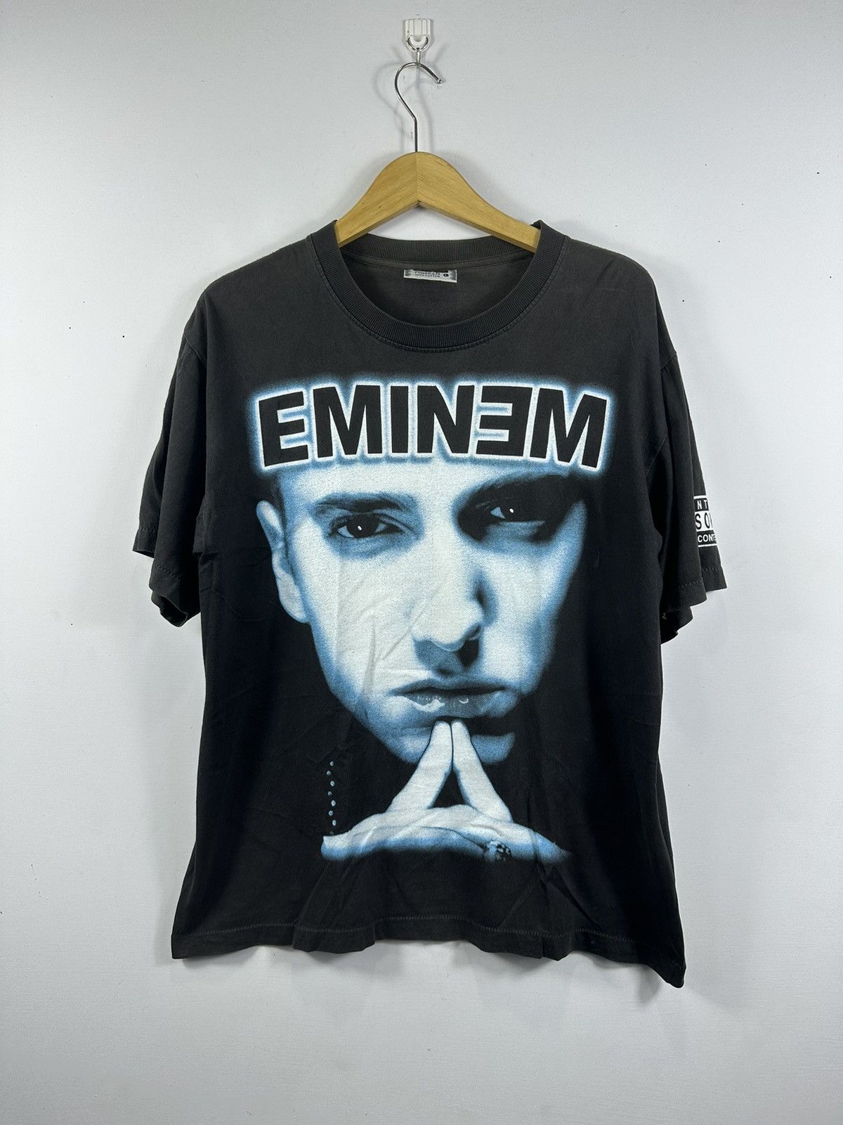 image of Vintage Bootleg Eminem Big Face Rap Tee in Faded Black, Men's (Size Large)