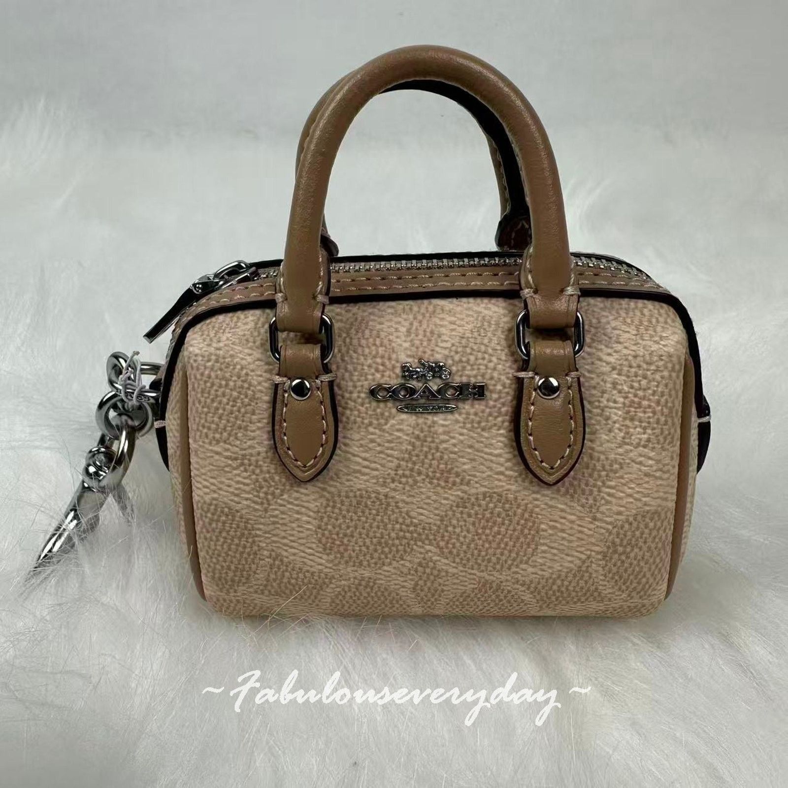 Coach Coach Mini Rowan Bag Charm Sig Canvas Silver/Sand/Taupe Size ONE SIZE - 1 Thumbnail