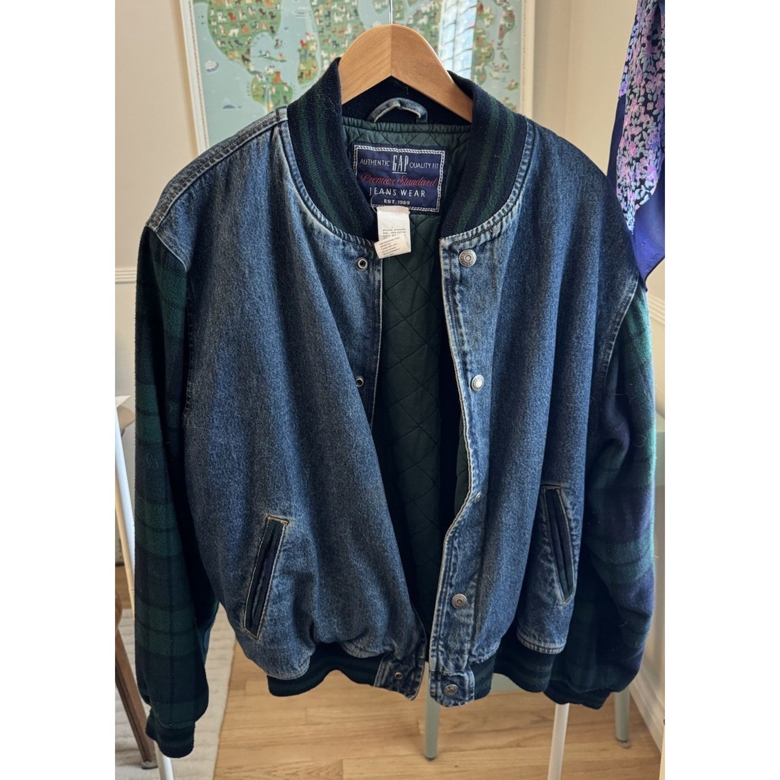 Gap GAP Vintage 90s Denim Green Plaid Varsity Bomber Jacket Sz L Size US L / EU 52-54 / 3 - 1 Thumbnail