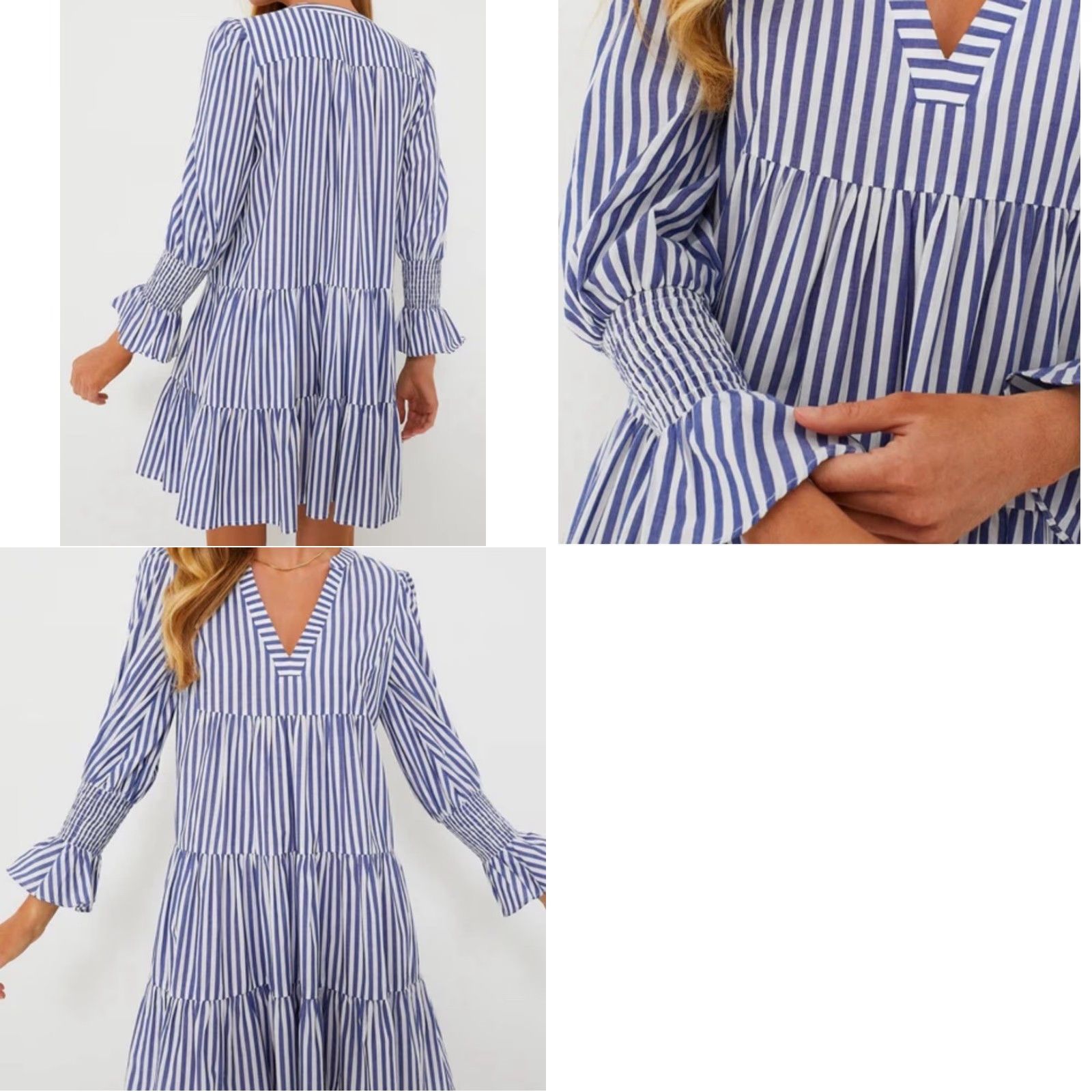 Vintage Pomander Place Plus Size Mini Dress Blue White Stripe Cotton A-Line Long Sleeve V-Neck Womens 2XL Size XXL / US 16-18 / IT 52-54 - 8 Thumbnail