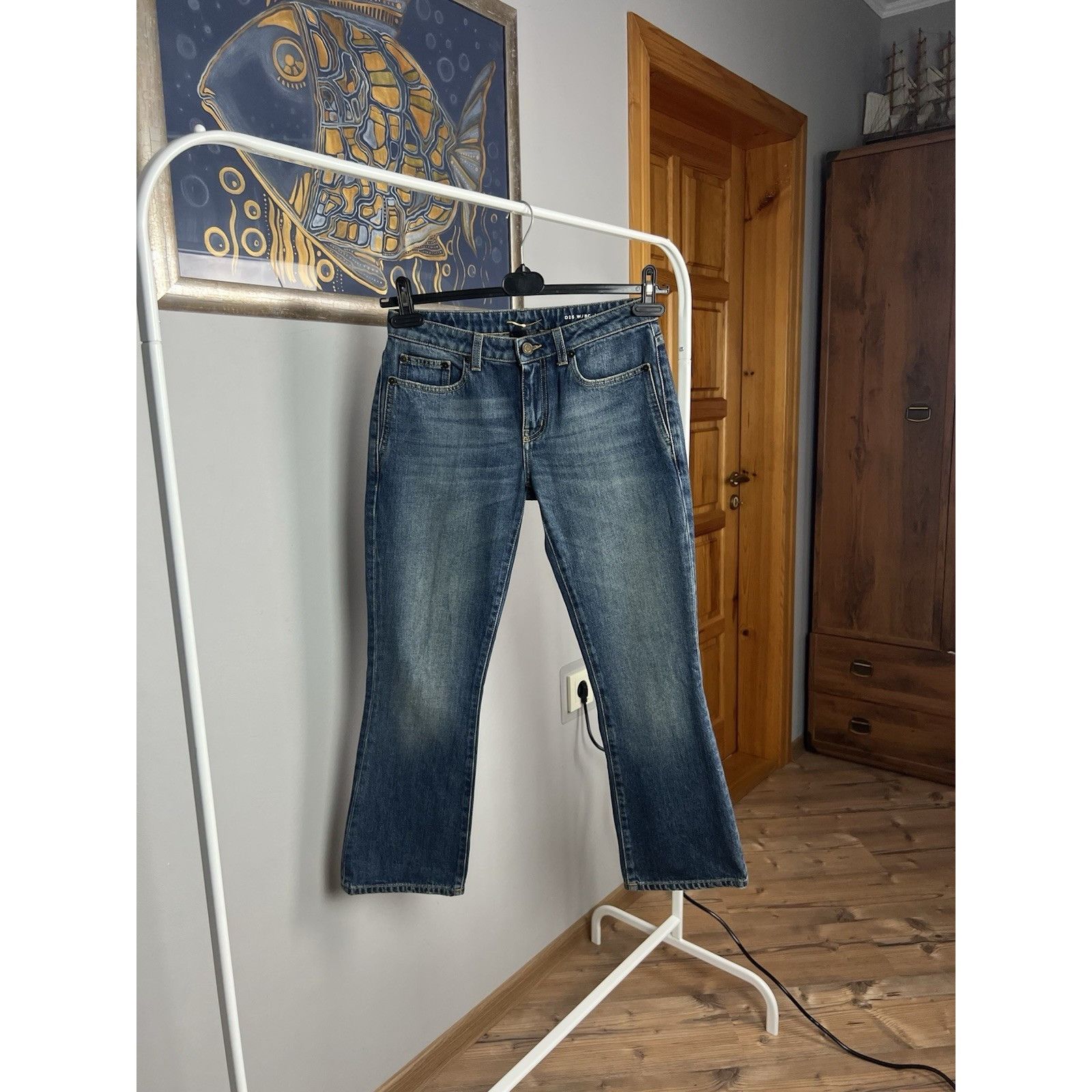 Saint Laurent Paris Saint Laurent Women`s Blue Distressed Denim Bootcut Cropped Size 24" / US 00 / IT 34 - 2 Thumbnail