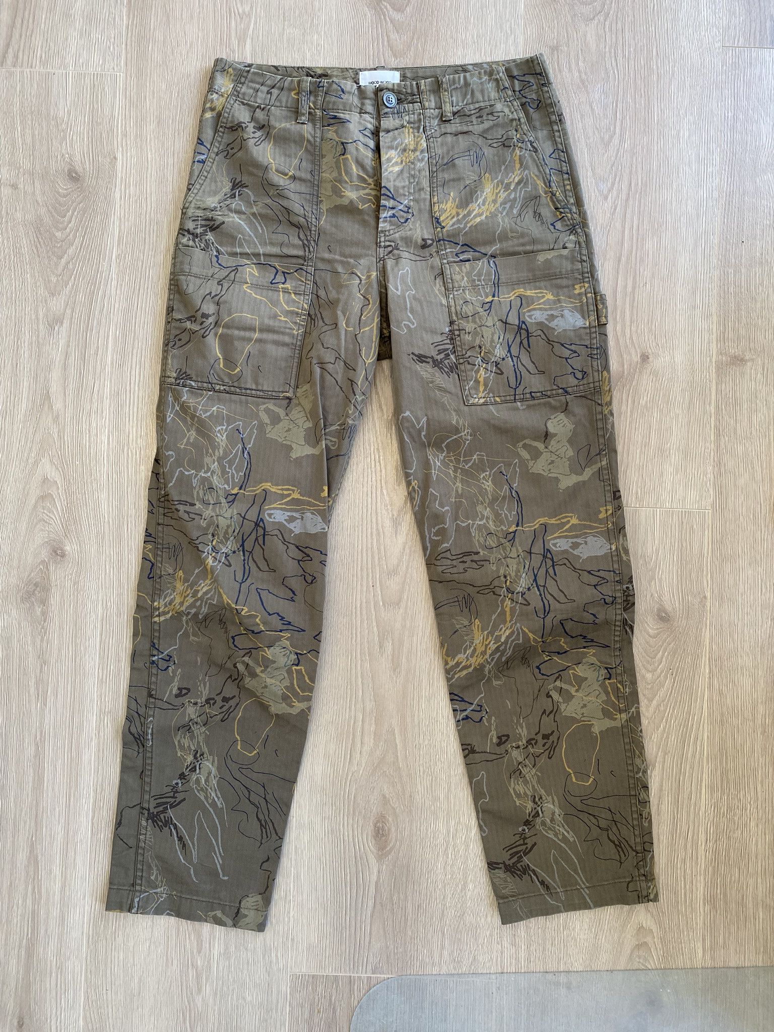 Our Legacy × Wood Wood 46/S - Green AOP Trousers - Herringbone Weave Size US 30 / EU 46 - 2 Thumbnail