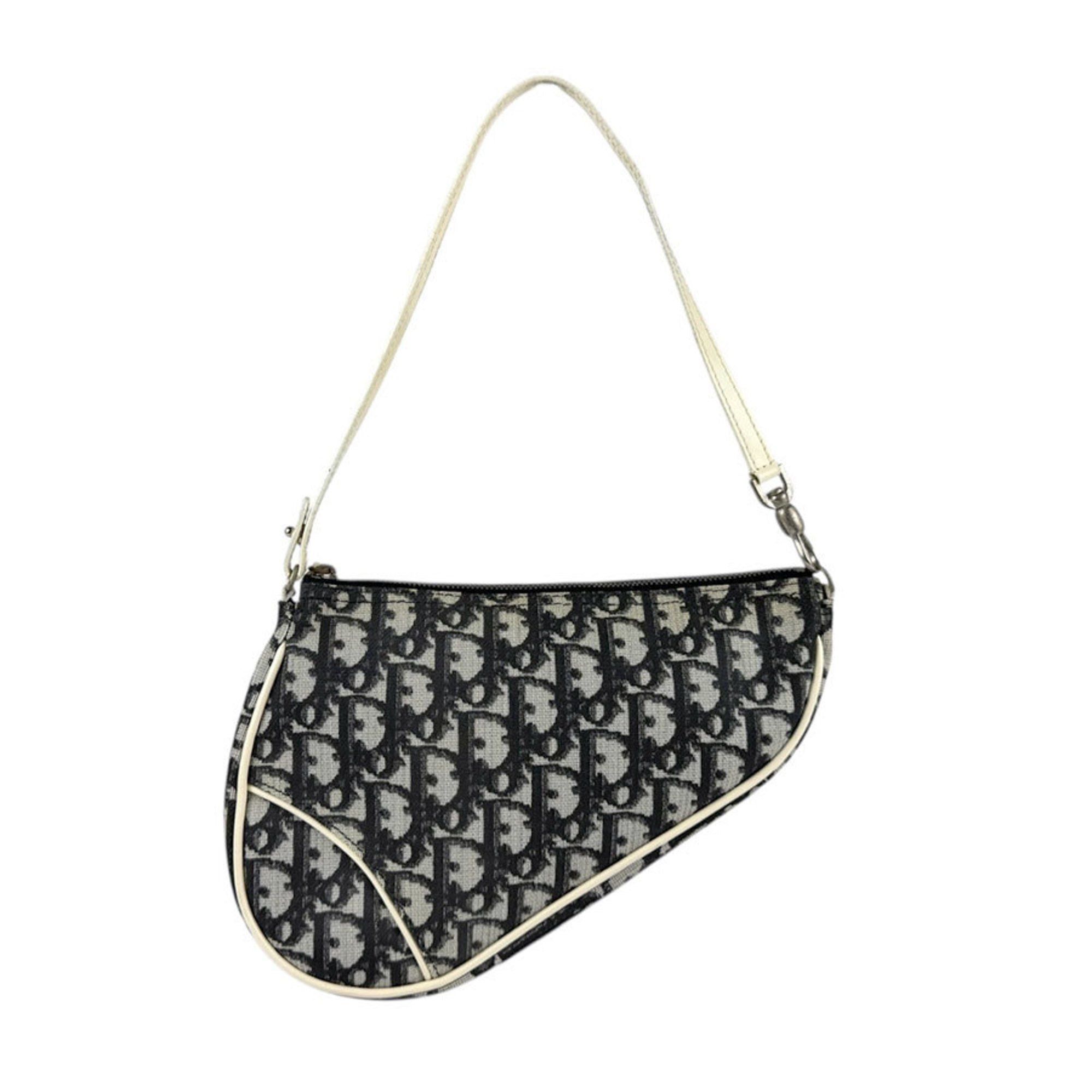 Christian Dior Shoulder Bag Trotter Saddle Patent Leather Black Off-White Women's Z5198
