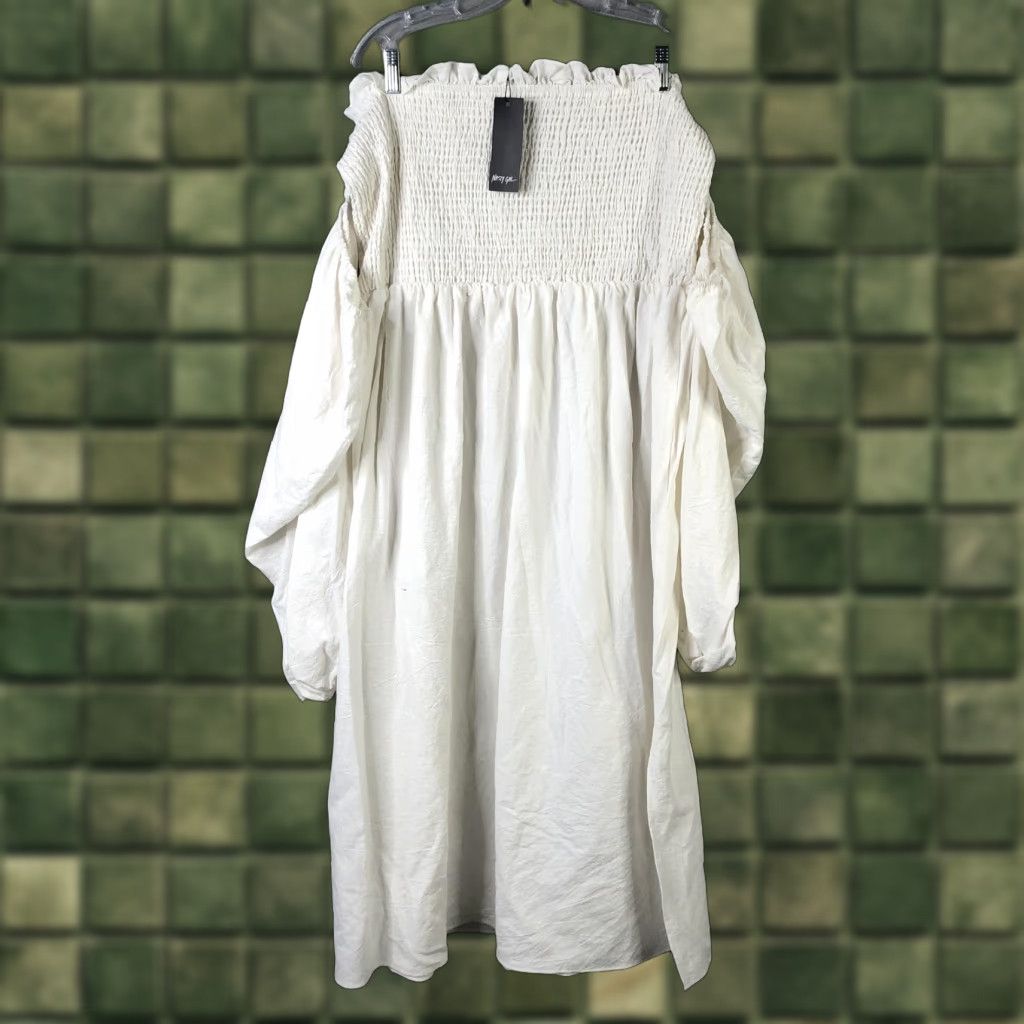 Nasty Gal Nasty Gal Dress Womens 18 White Bardot Smocked Puff Sleeve Boho Midi Sundress Size XXL / US 16-18 / IT 52-54 - 1 Thumbnail