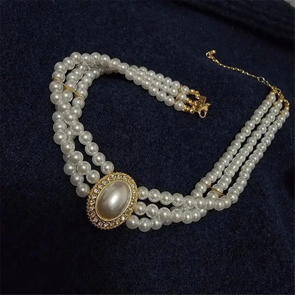 Beads x Jewelry Three-Layer Pearl Choker Necklace in White, Women's