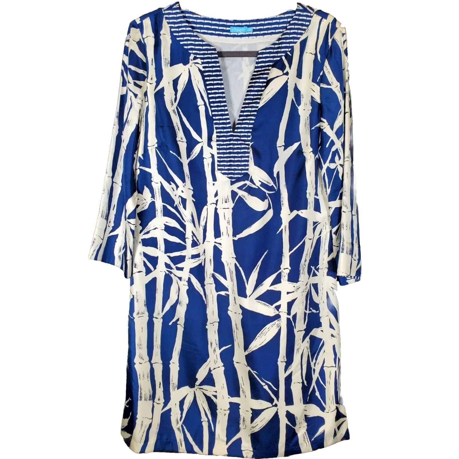 J.McLaughlin J. McLaughlin 100% Silk Tunic Dress Navy Blue White Bamboo Pattern Women's M Beach Silk Dress Navy Blue White Bamboo Pattern J. McLaughlin Women's M Size M / US 6-8 / IT 42-44 - 2 Thumbnail