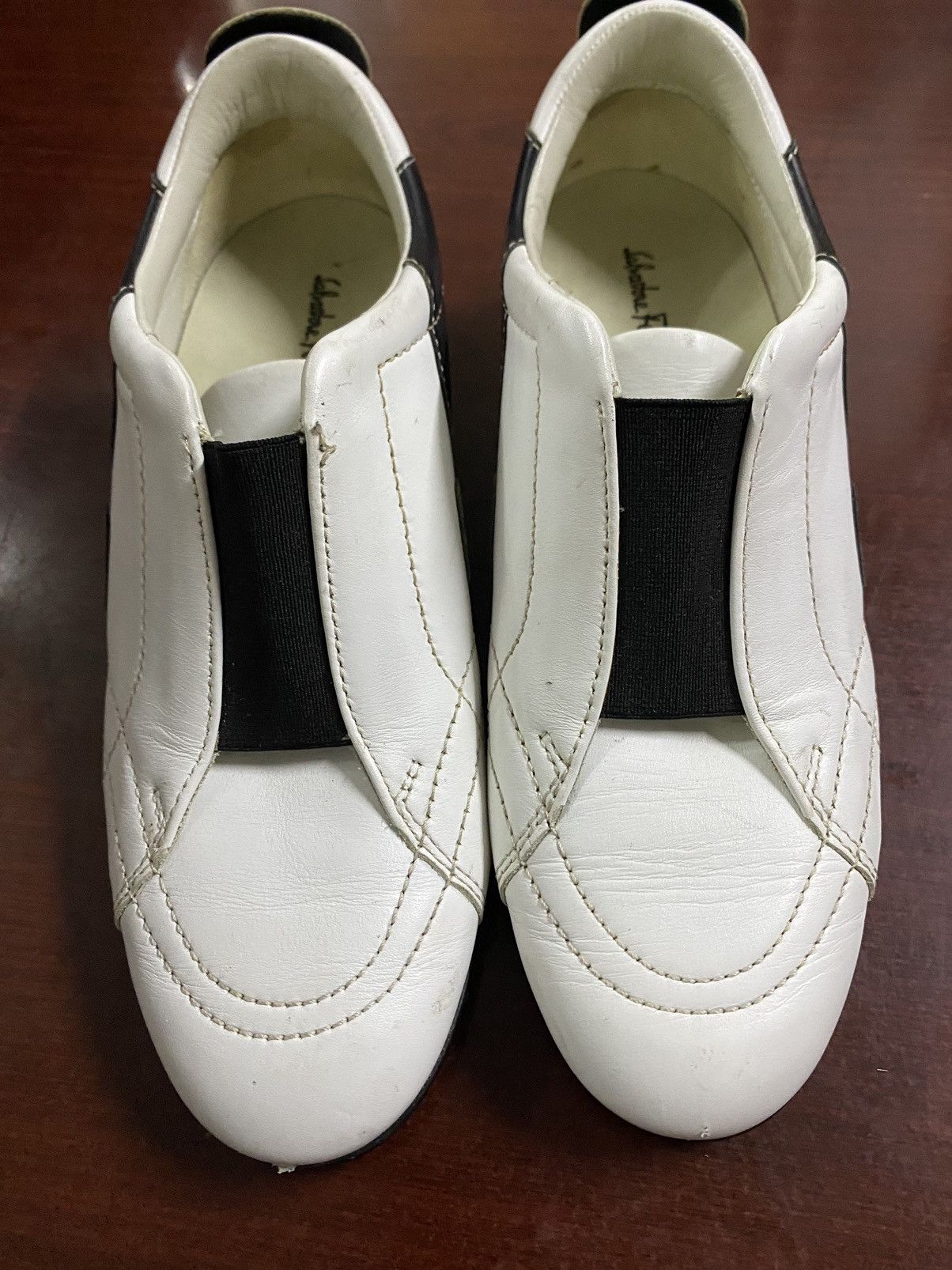 image of Salvatore Ferragamo Slip On Leather Shoes in White Black, Women's (Size 4)