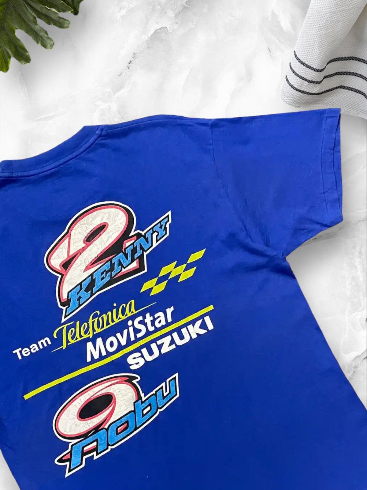 Vintage Vtg 90s Kenny Roberts Team Telefonica Movistar Suzuki Tshirt Size US M / EU 48-50 / 2 - 4 Thumbnail