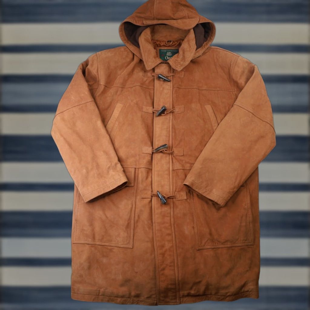 Orvis VINTAGE Orvis Nubuck Leather Toggle Duffle Coat Jacket Brown Large Men Overcoat Leather Size US L / EU 52-54 / 3 - 1 Thumbnail