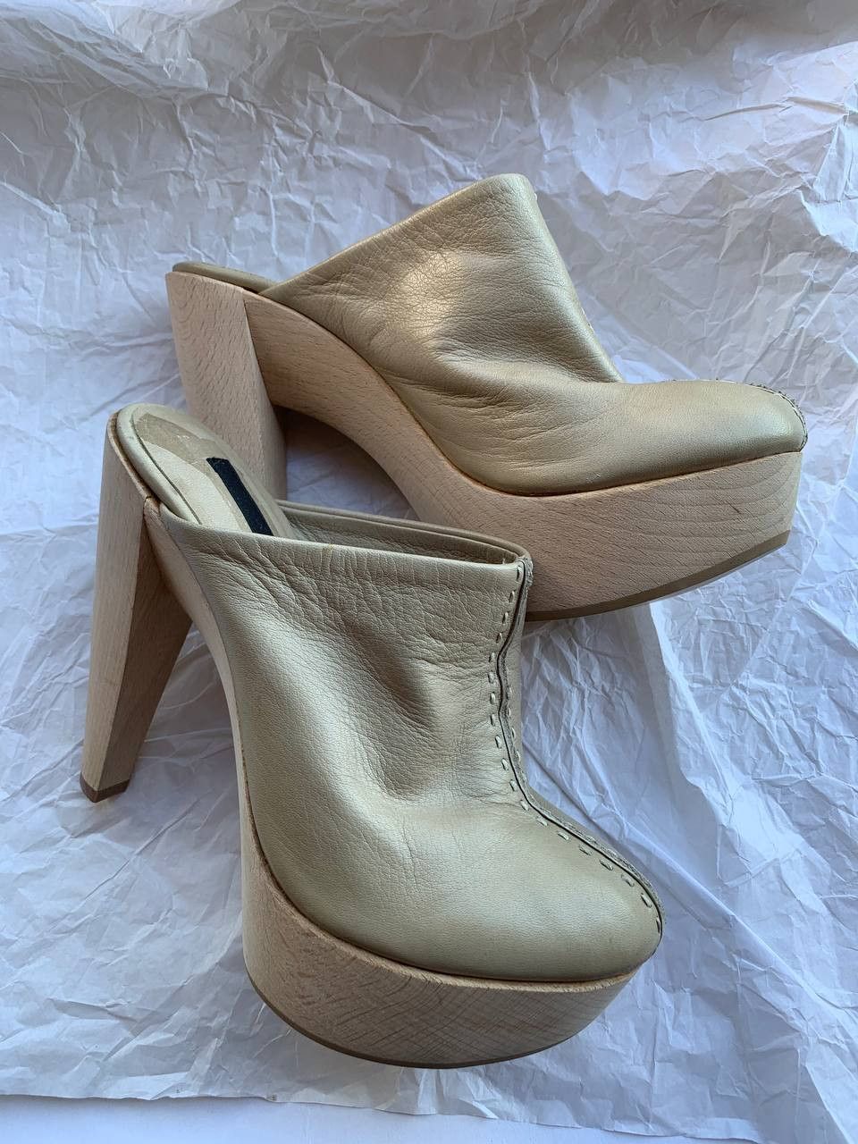 Other Maurizio Pecoraro beige leather heels on wooden platform Size US 8 / IT 38 - 1 Thumbnail