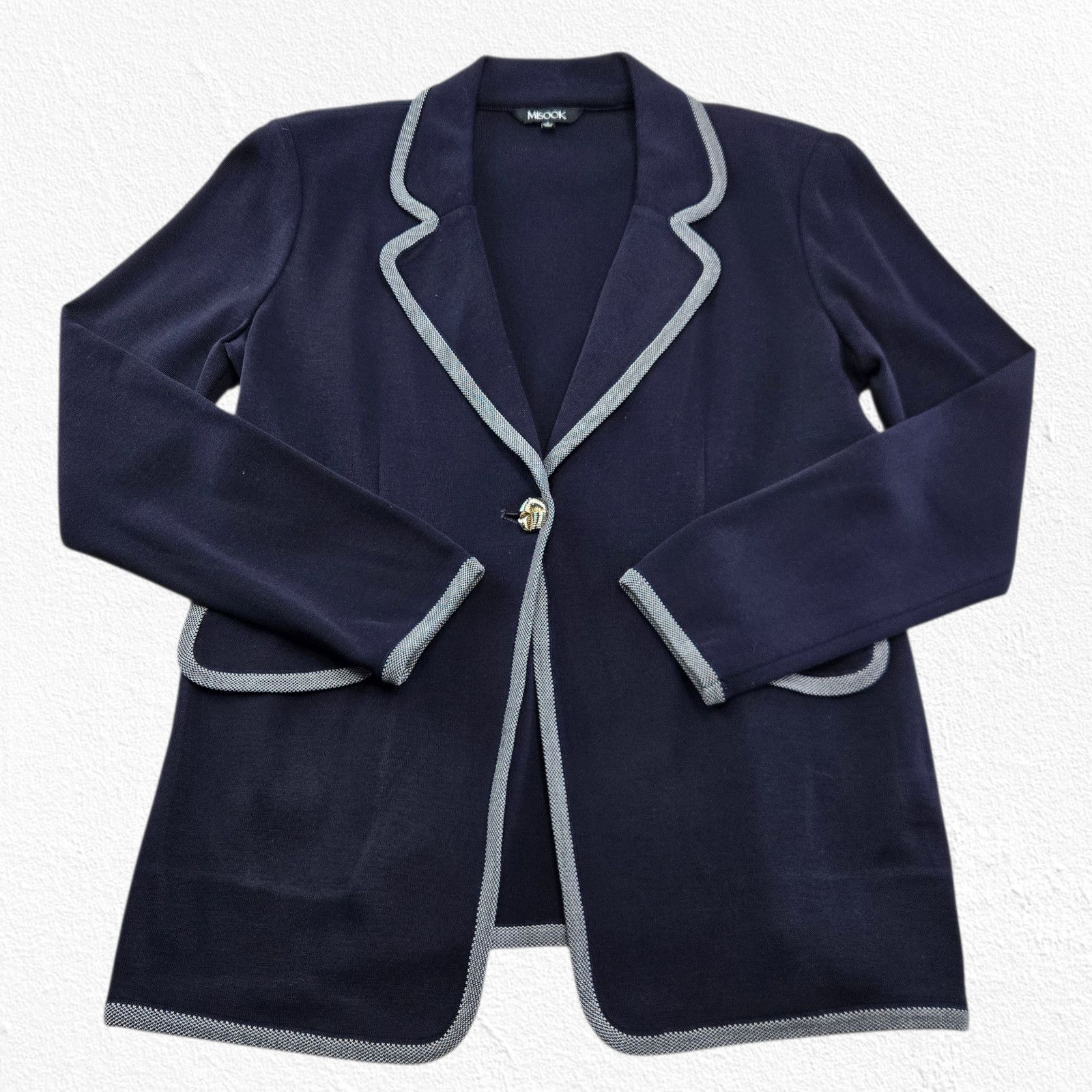 Other Misook Navy Contrast Trim Knit Jacket Gold Button Size Small Size S / US 4 / IT 40 - 2 Thumbnail