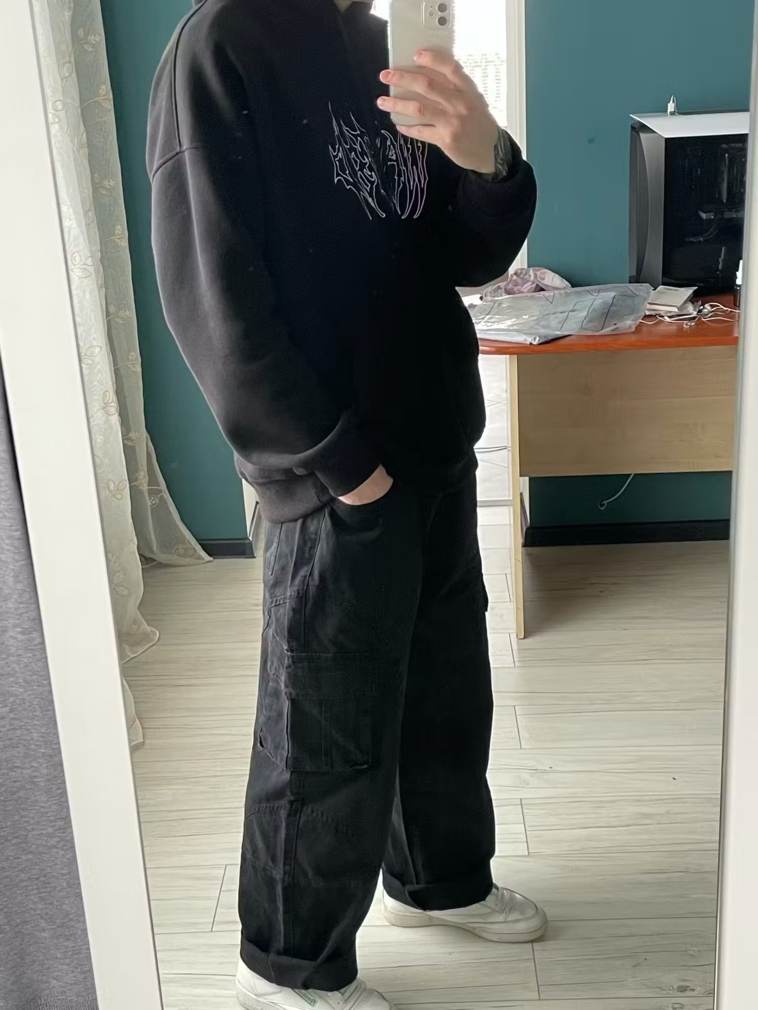 image of Multi-Pocket Cargo Casual Designer Wide Leg Pants in Black, Men's (Size 32)