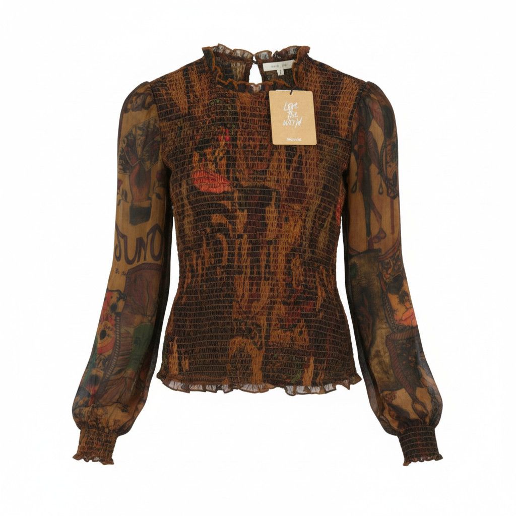 Desigual BLUS HISOPO L Brown Honeycomb Print Blouse 88934 Size L / US 10 / IT 46 - 1 Thumbnail