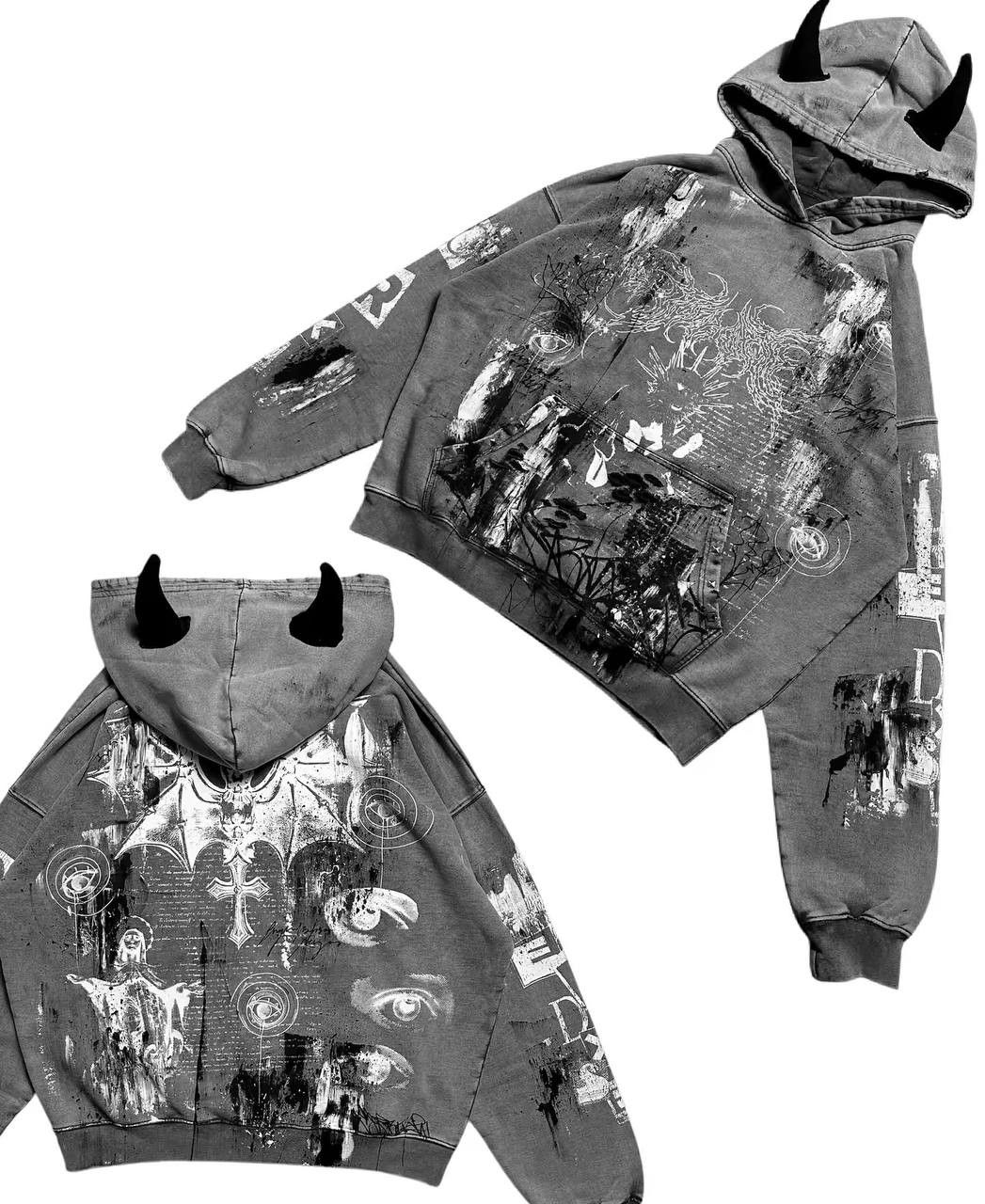 Japanese Brand × Vintage hoodie with a print and horns on the hood Size US L / EU 52-54 / 3 - 1 Thumbnail